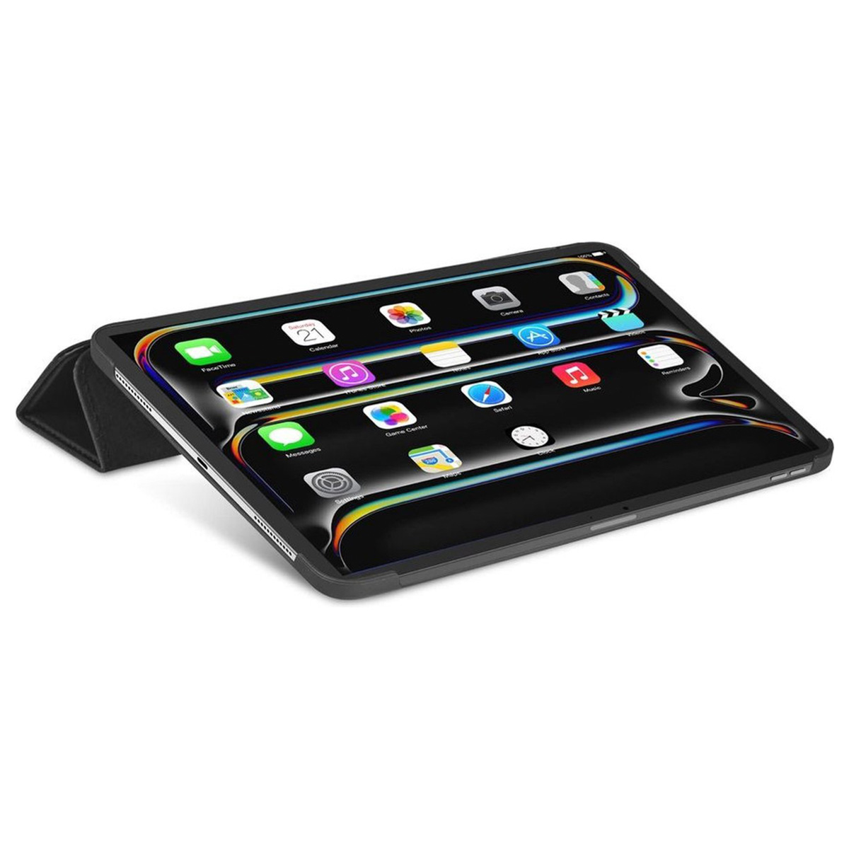 Un tablet che mostra un'interfaccia di app con icone, in una custodia nera.