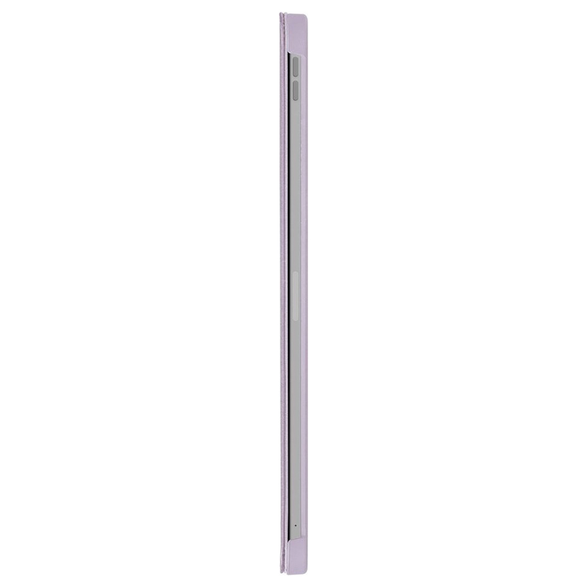 A side view of a tablet in a lavender case. The tablet is thin, with a silver edge.