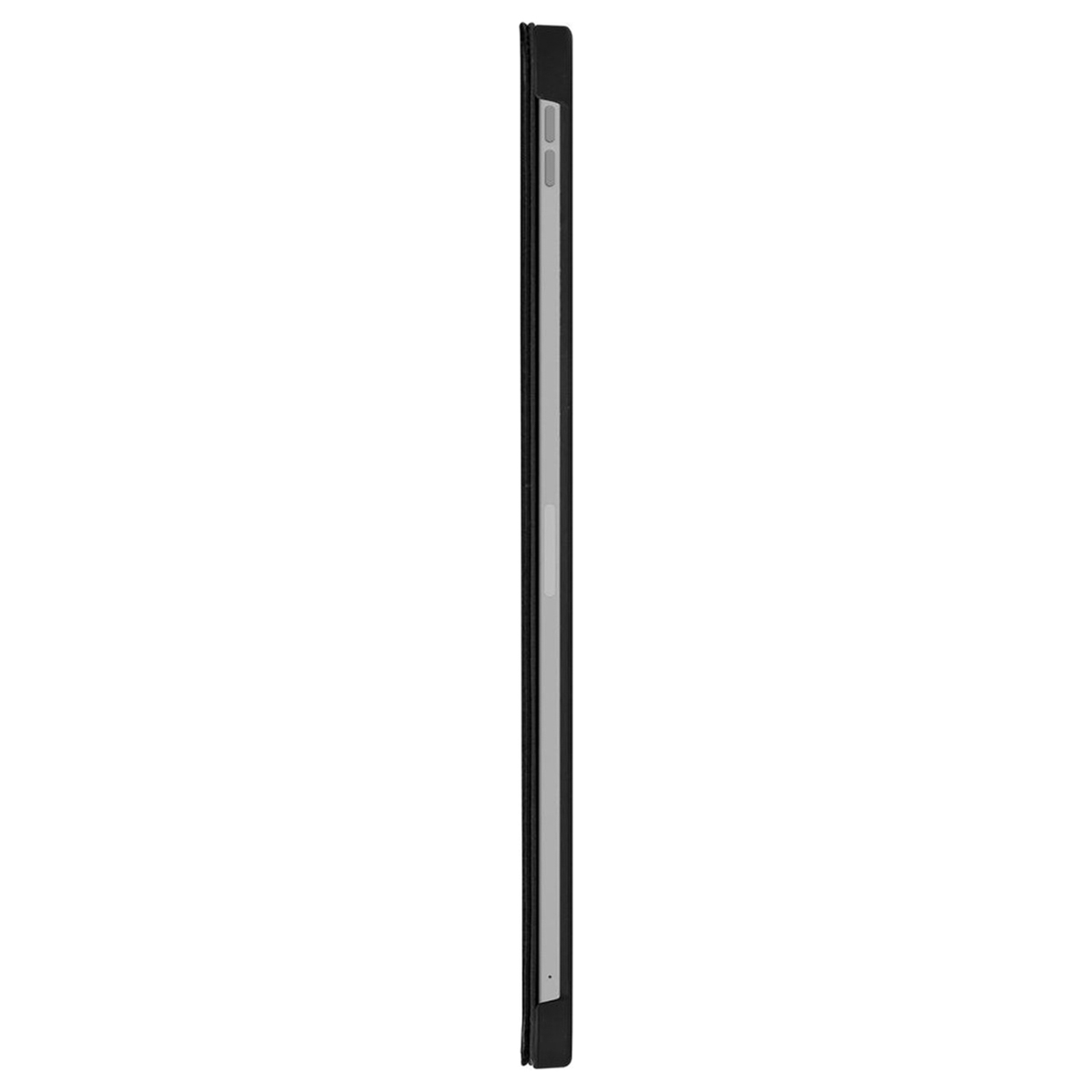 Vista laterale di una custodia nera per tablet con bordo argentato, su sfondo bianco.