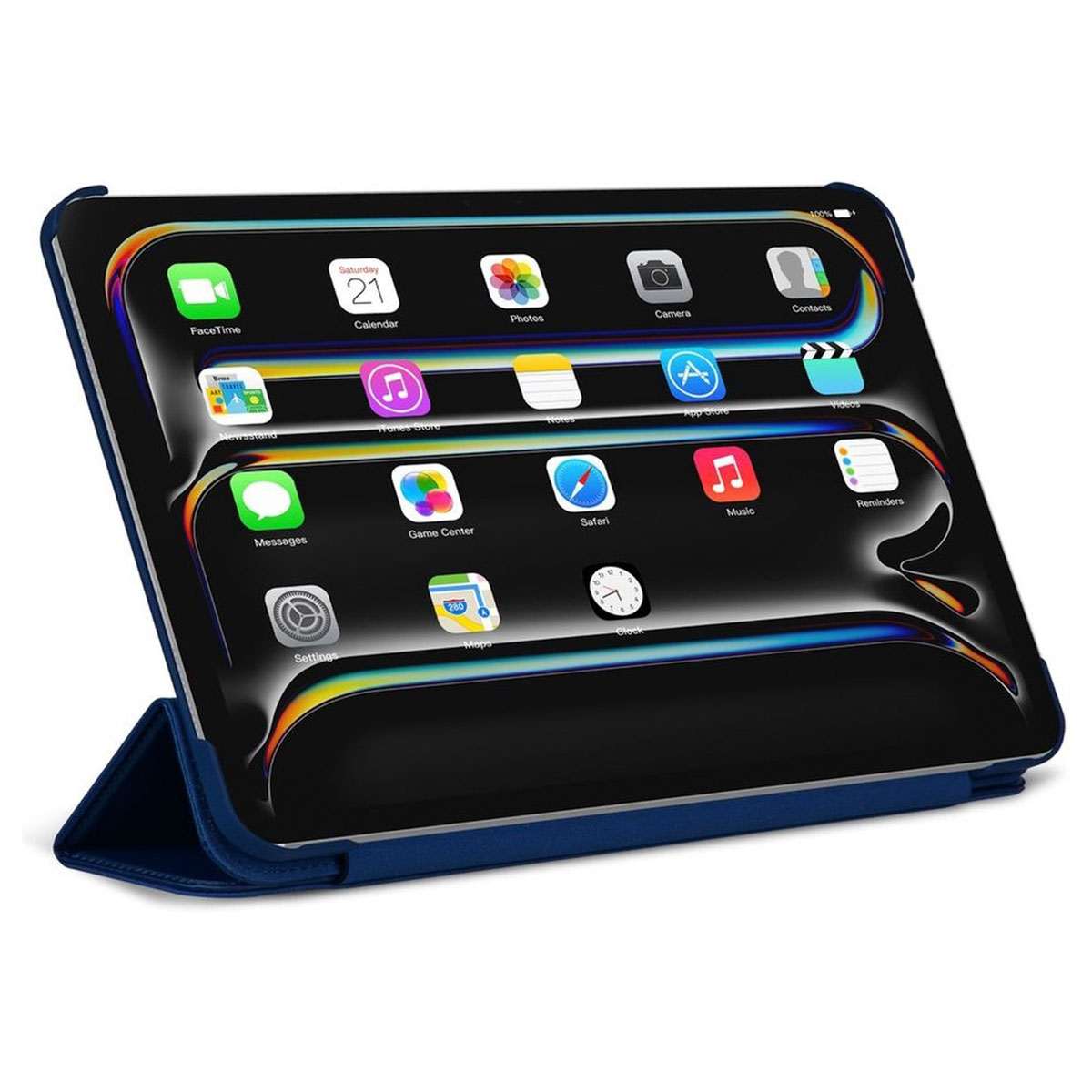A tablet screen displaying app icons. It rests inside a blue case, with the case open.