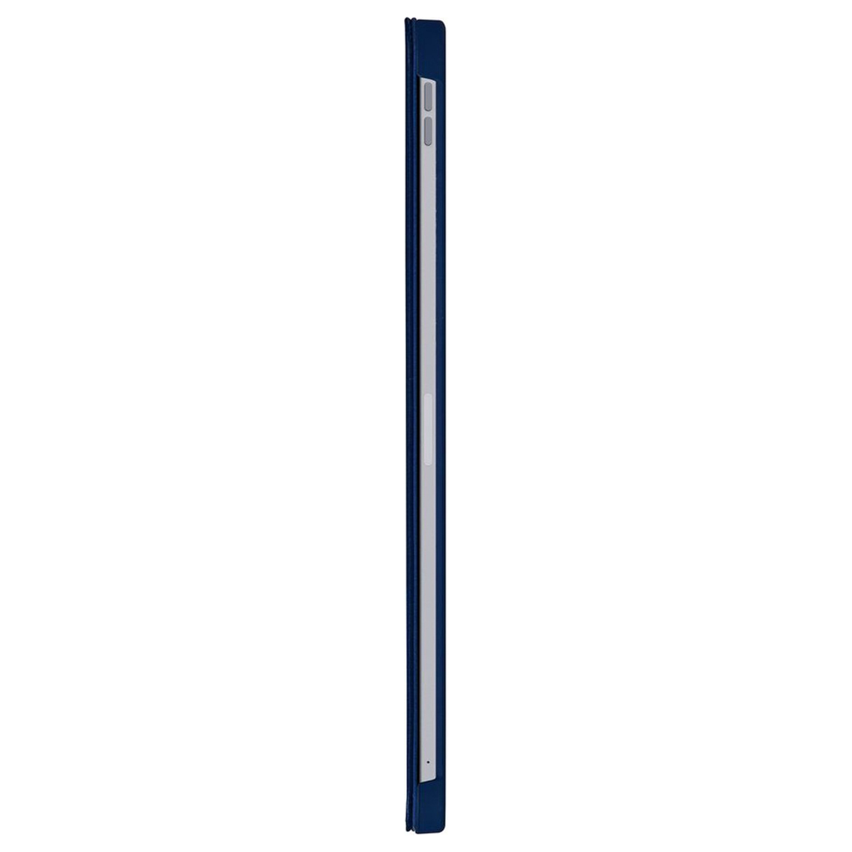 Side view of a blue tablet case, showing a thin profile and the edge of the tablet.