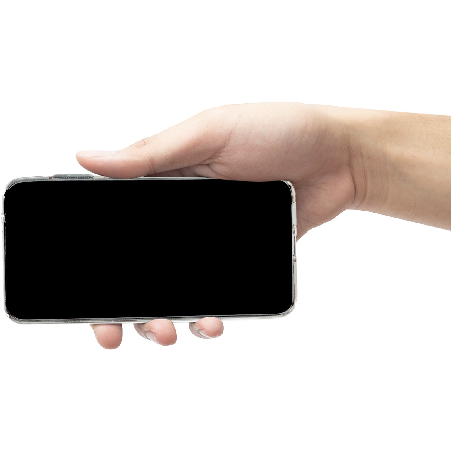 Een hand die een telefoon met een zwart scherm vasthoudt, tegen een witte achtergrond.