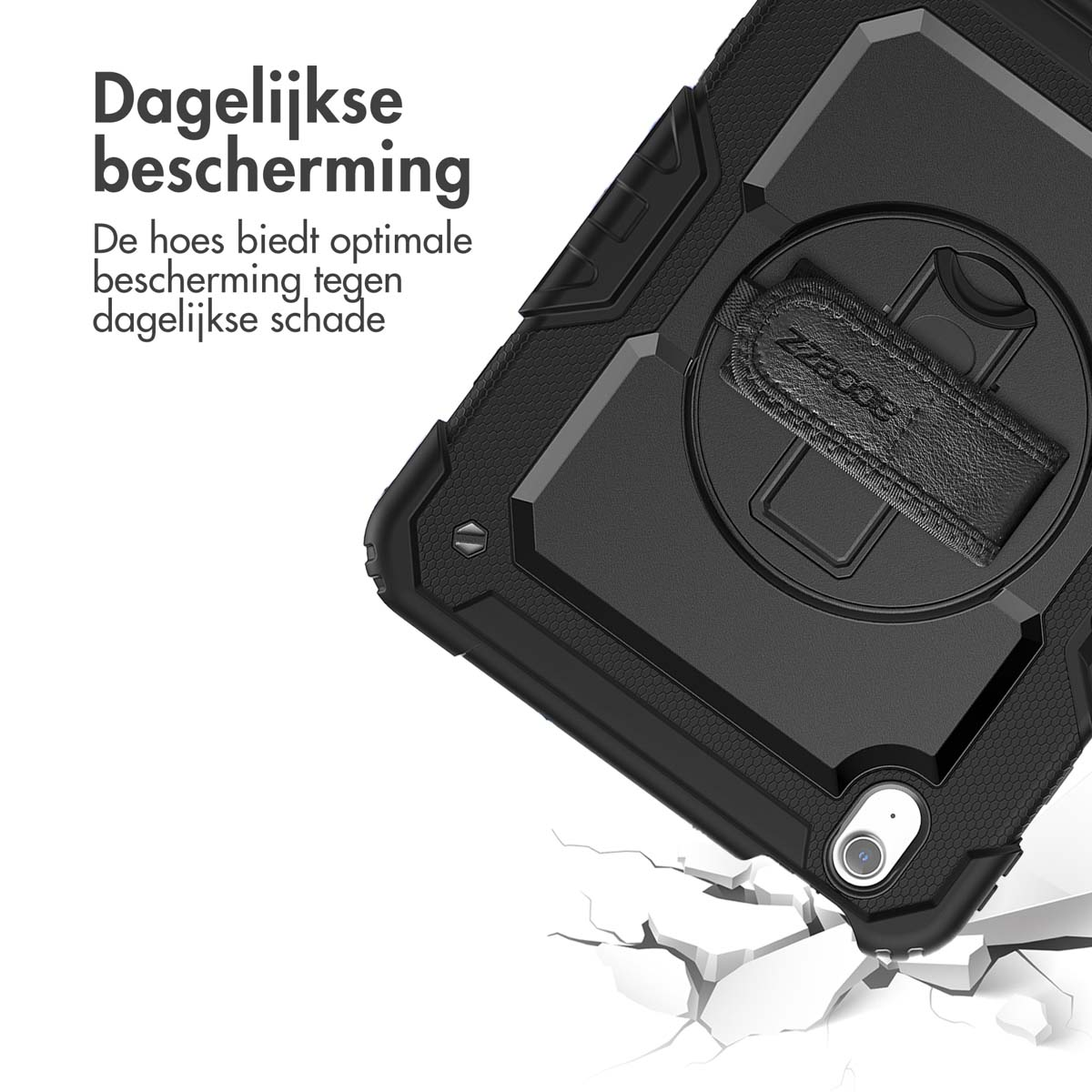 A black tablet case with a strap, lying on some broken pieces. Text is visible.