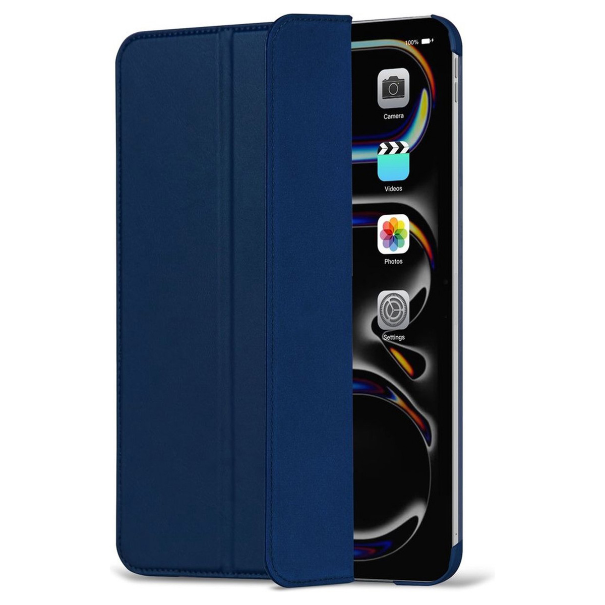 Blue tablet case open, revealing a tablet. Screen with app icons. White background.
