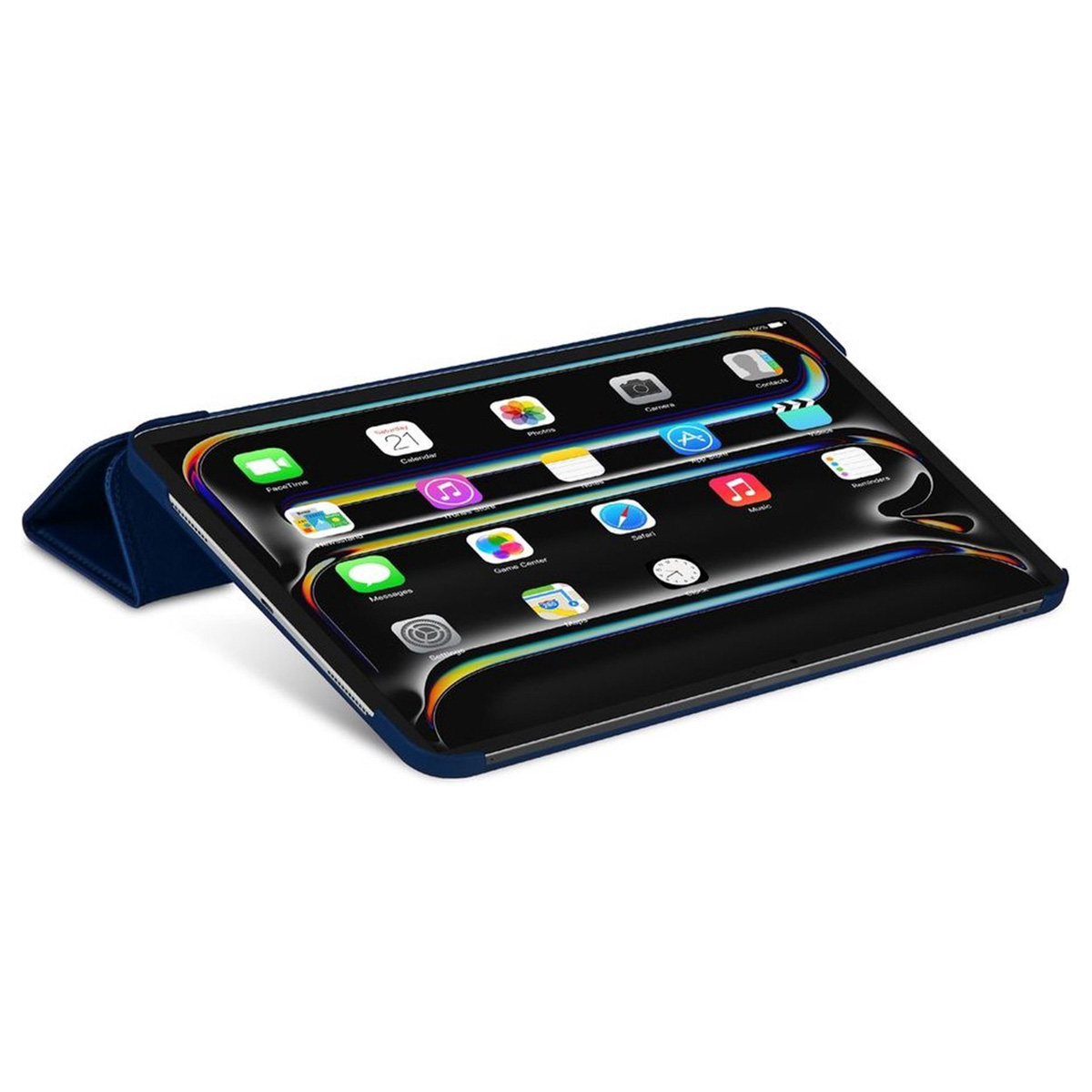 A tablet with a dark blue cover displaying apps on the screen, against a white background.