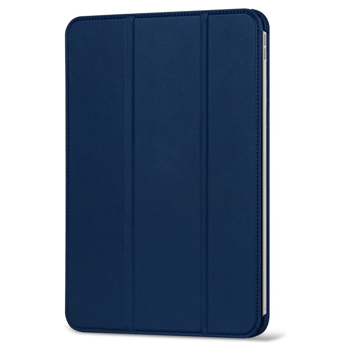 A closed dark blue tablet case. The case has a smooth texture and vertical lines.