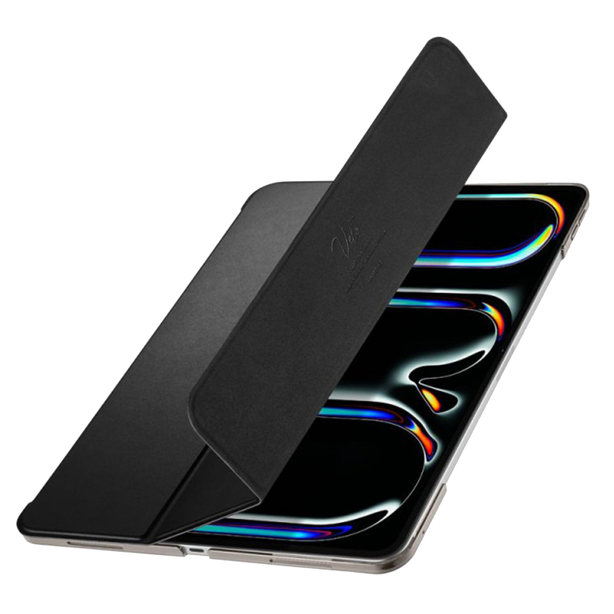 Tablet with screen showing app icons, inside a black case. Case is partially open.