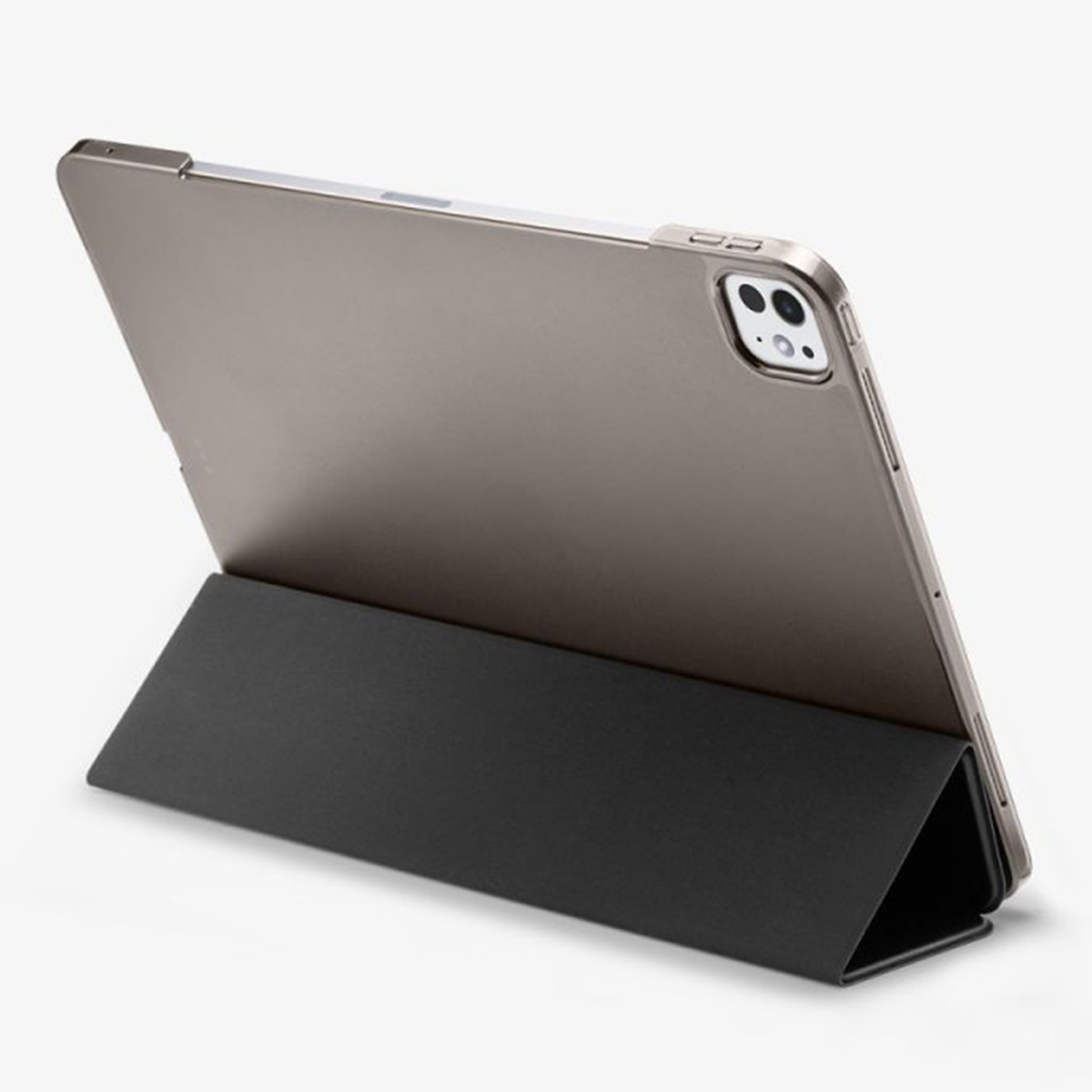Tablet in a case, silver back and black stand, angled view, on a white background.