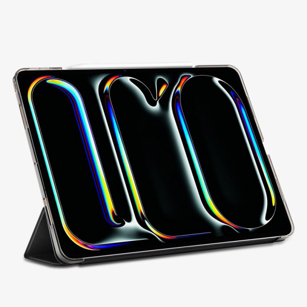 Tablet with a colorful design on the screen, propped up for viewing.