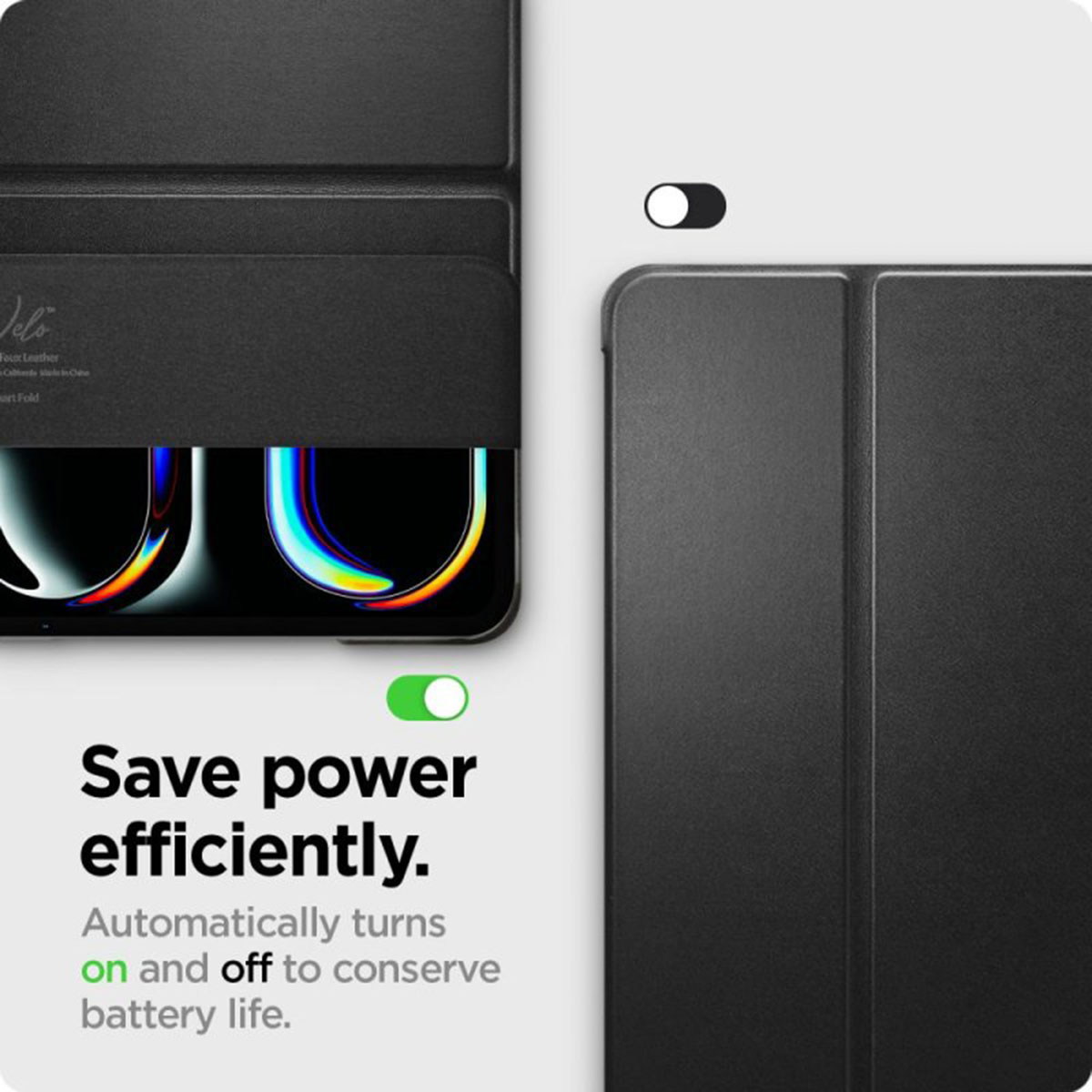 Black tablet case closed. Power saving feature. Green and white icons. White background.