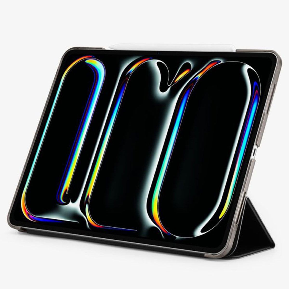A tablet with a pencil, displaying colorful lines on the screen, on a white background.