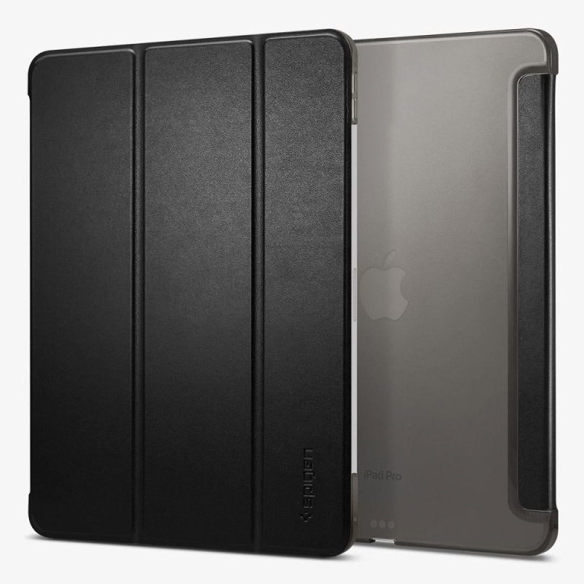 Black tablet case with the case open to reveal tablet. The tablet has an Apple logo.