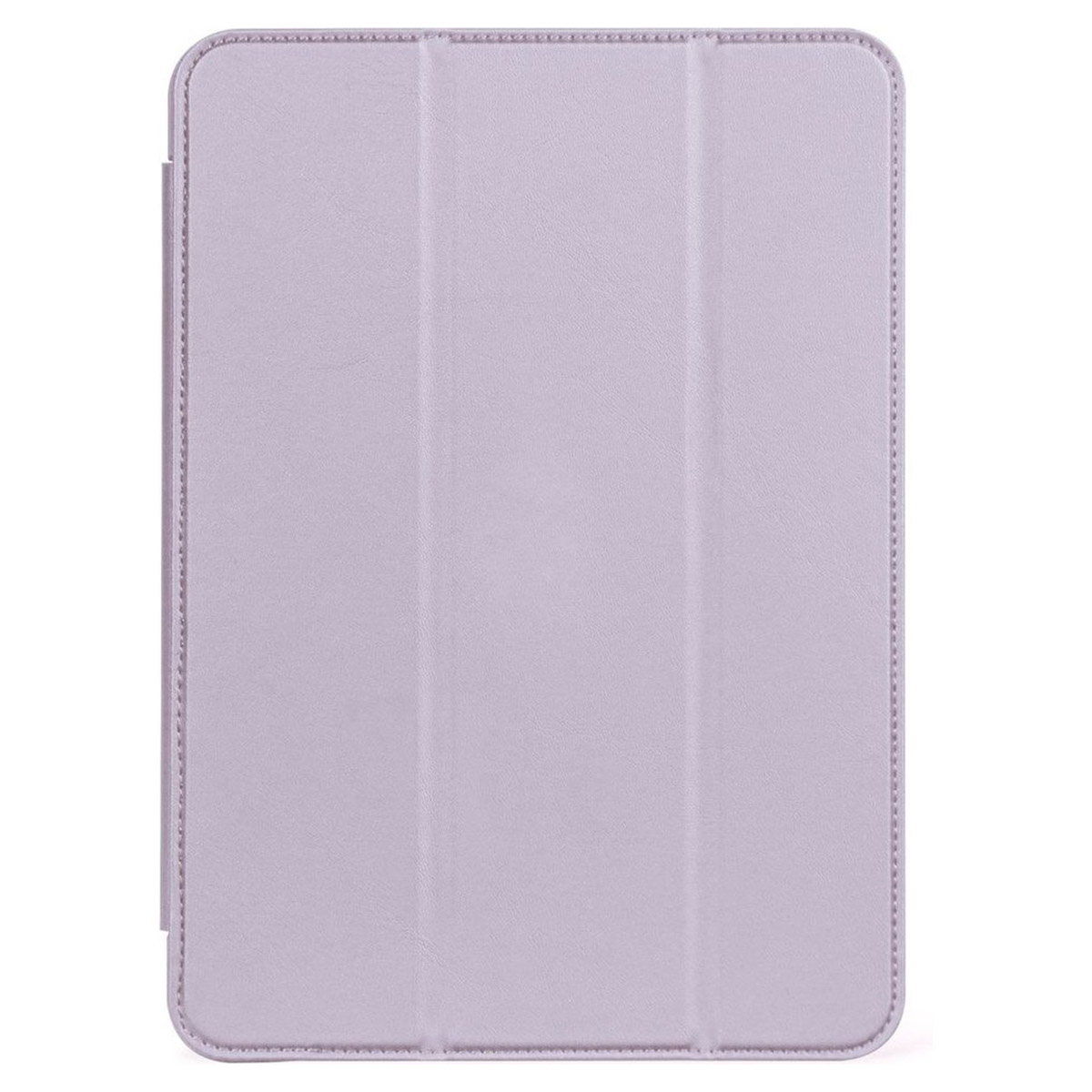 Una custodia per tablet lavanda chiusa con cuciture lungo i bordi, su sfondo bianco.