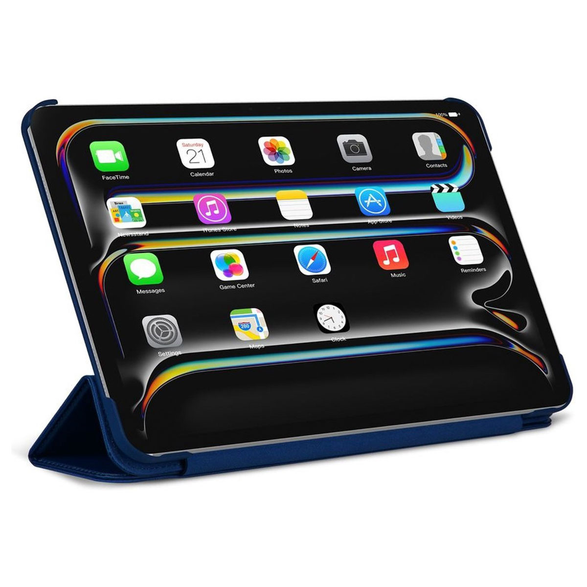 A tablet screen displaying app icons. The tablet rests in a blue case, with the case open.