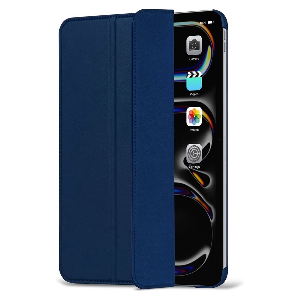 Tablet case, open showing tablet with apps on screen. Camera, Videos, Photos, Settings icons.