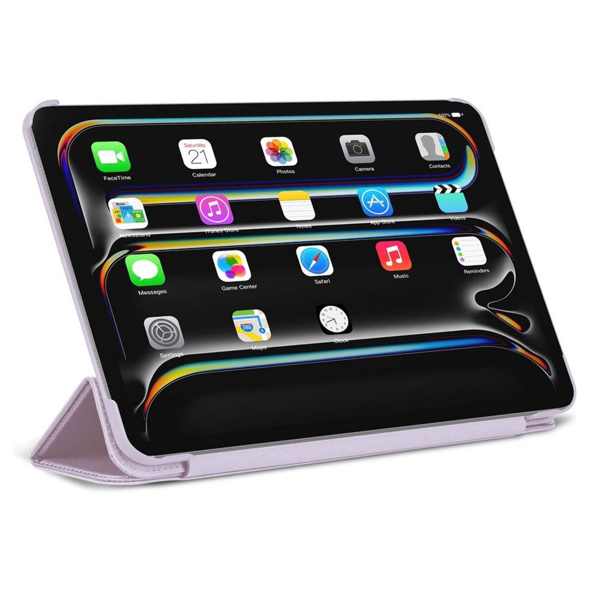 Tablet con custodia lilla chiaro. Lo schermo mostra le icone delle app e un orologio.