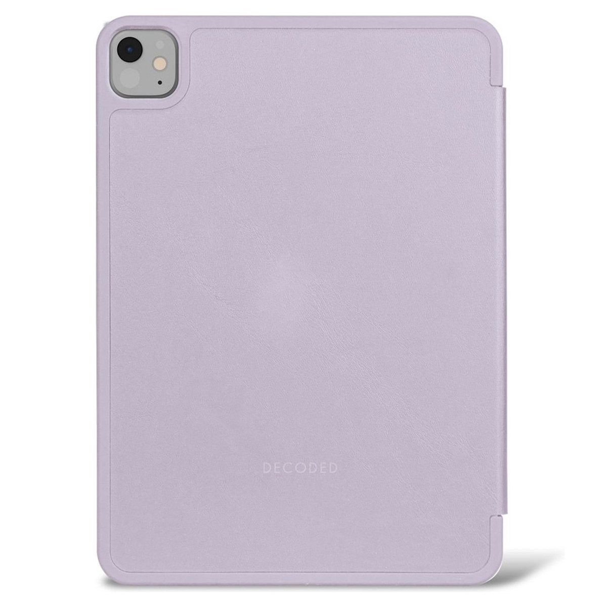 Una custodia per tablet viola aperta, che mostra l'iPad. Logo Decoded visibile.