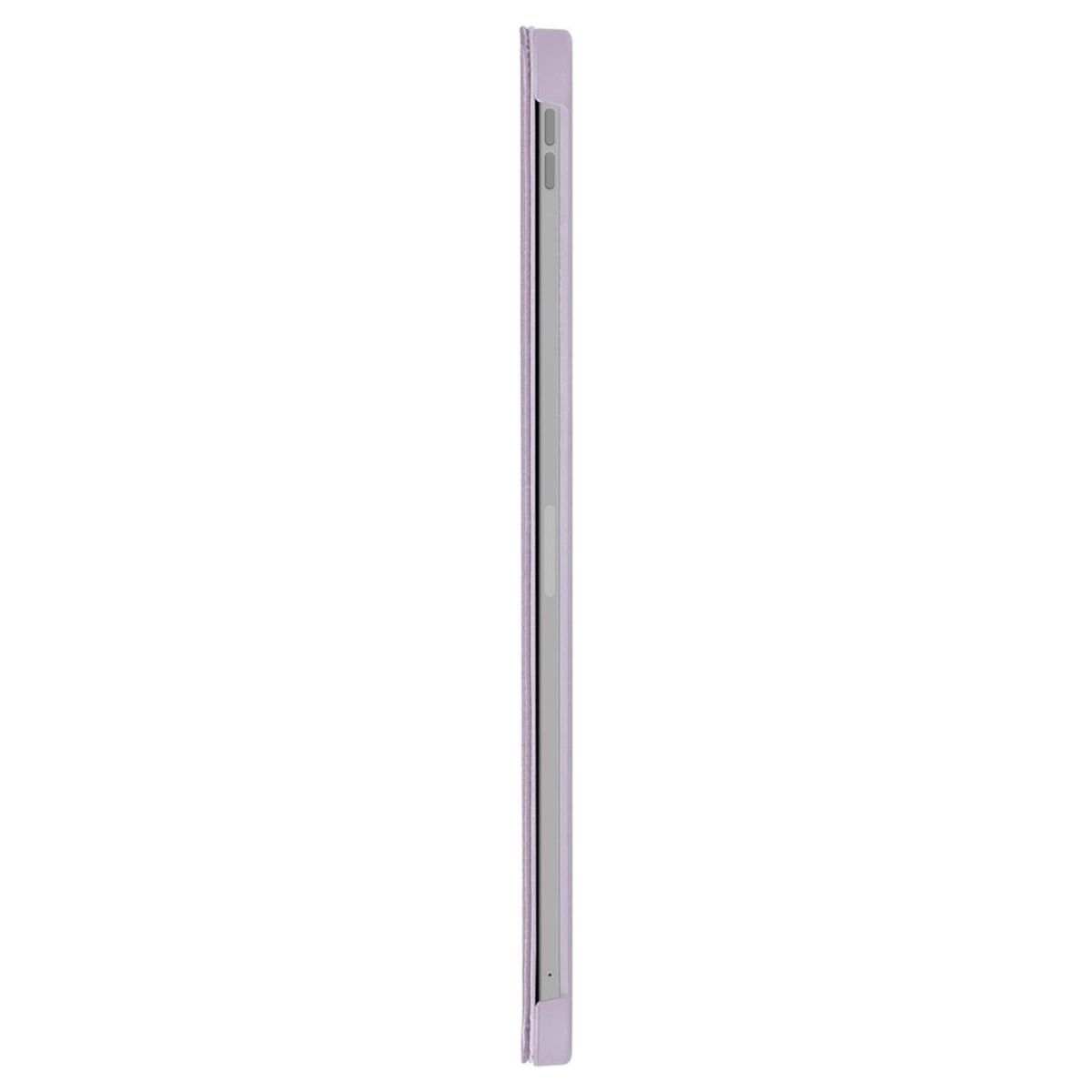 Vista laterale di un tablet in una custodia lavanda. Il tablet è sottile, con bordo argentato.