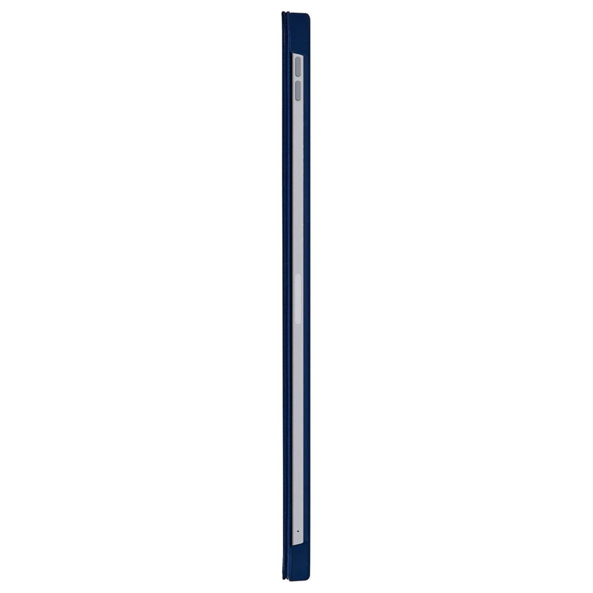 A side view of a tablet with a dark blue case. The tablet is thin, with a silver edge.