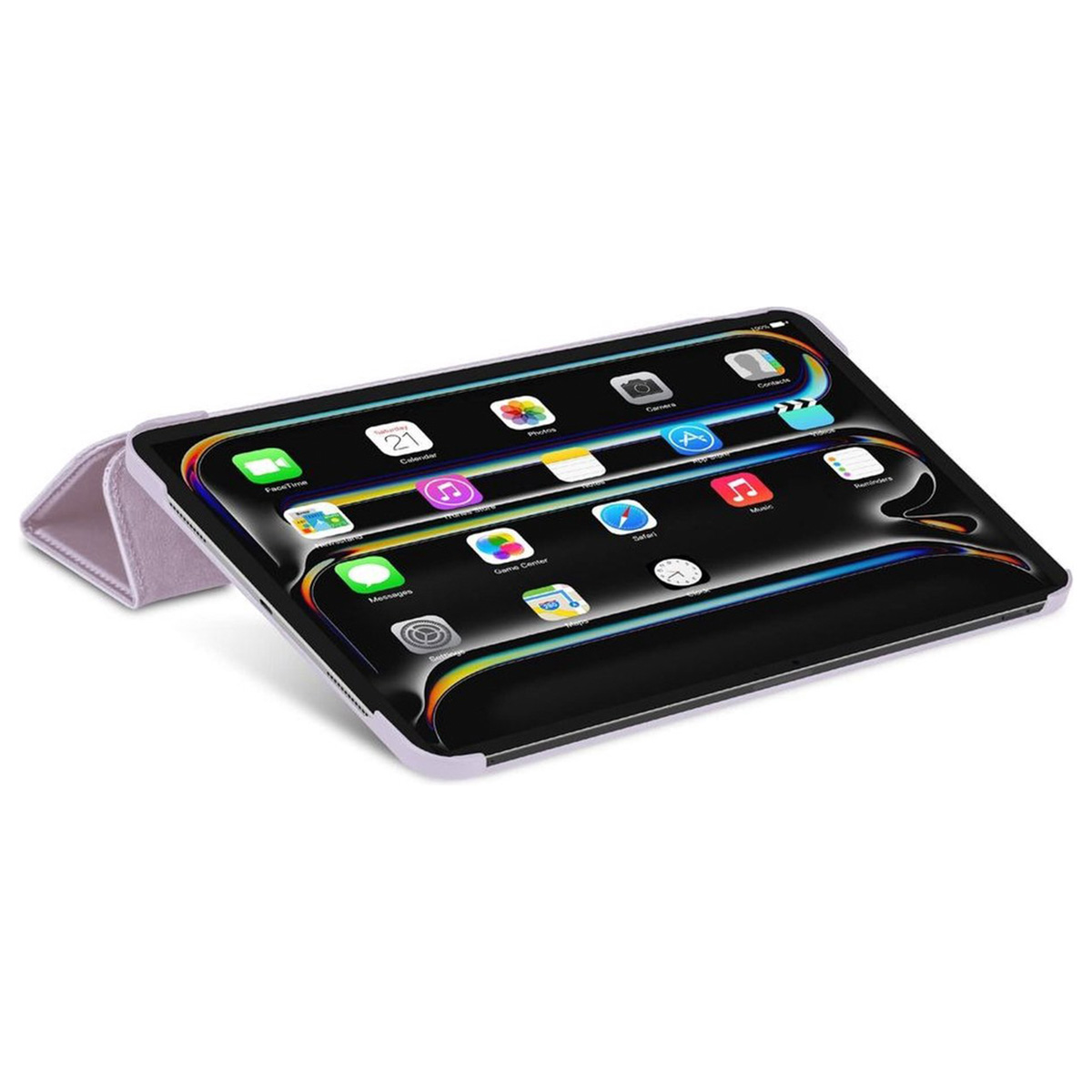 Uno schermo di tablet che mostra le icone delle app. Il tablet è in una custodia di colore chiaro, aperta.