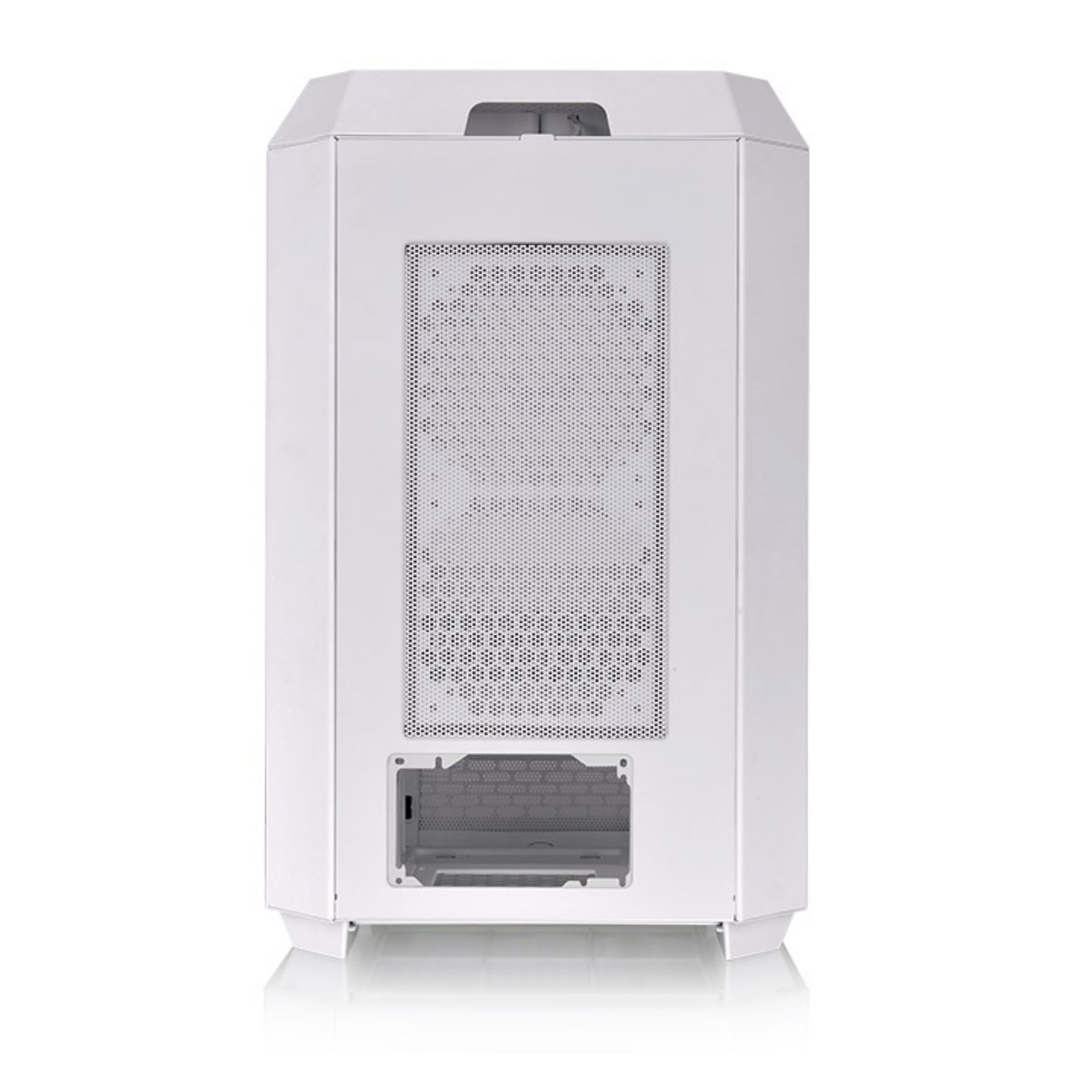 White computer case with mesh front panel. It's on a white background.