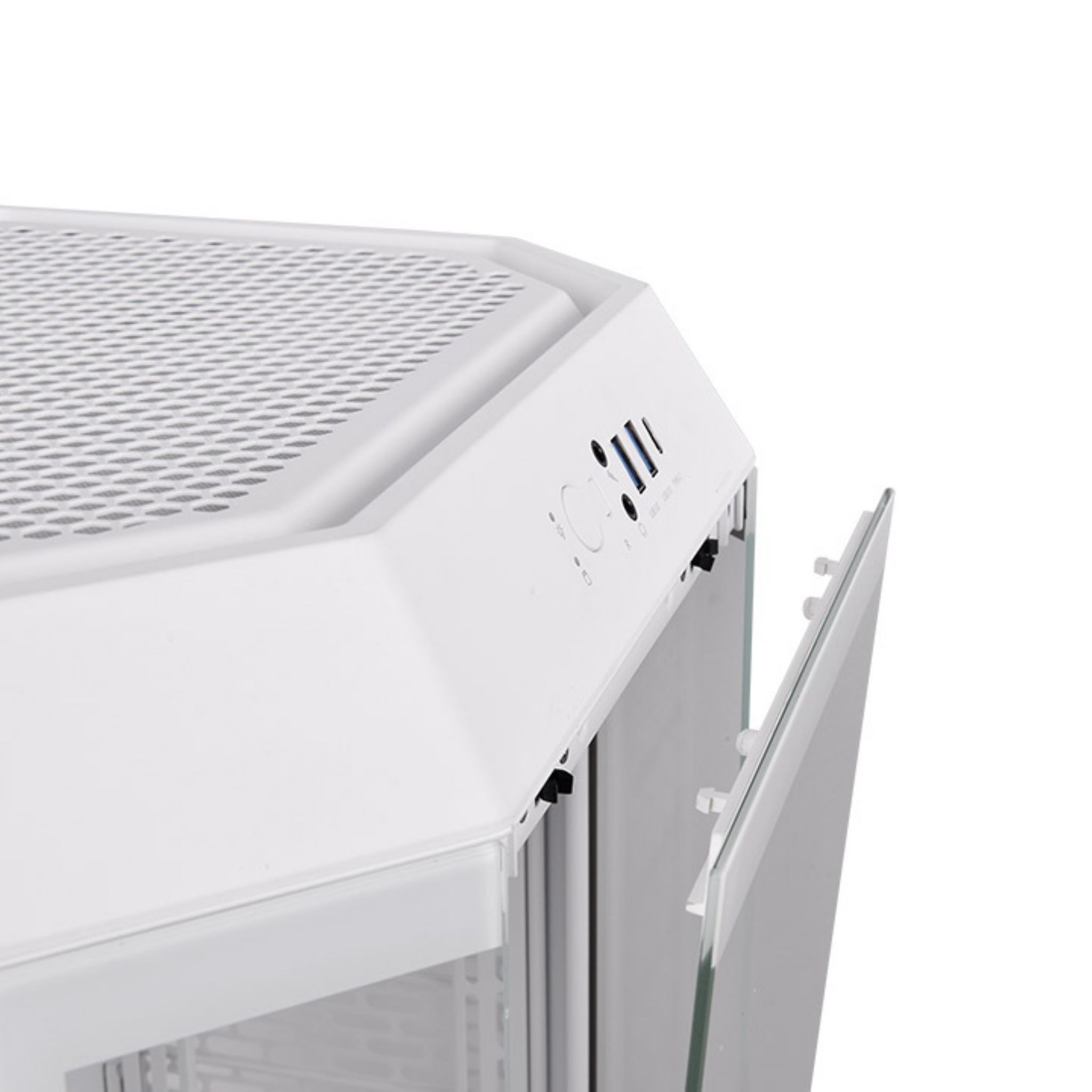 White computer case with a glass panel door, revealing the interior.