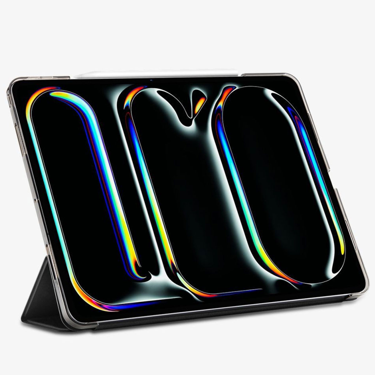 A tablet with a pencil, displaying colorful lines on the screen, on a white background.
