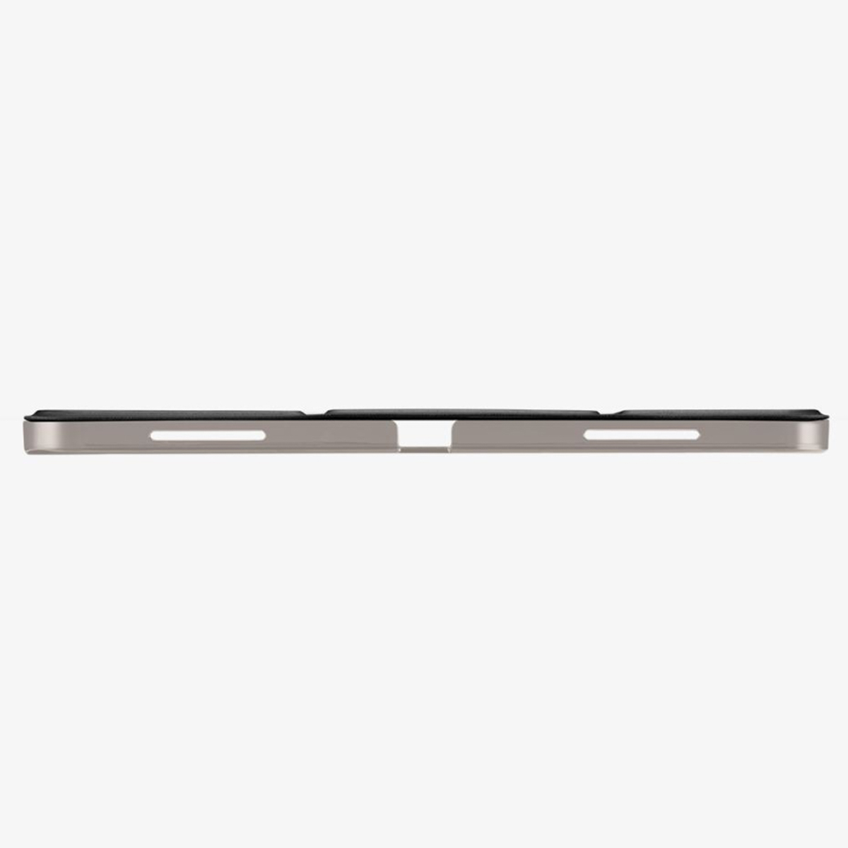 Silver tablet with black screen. Top view. White background.