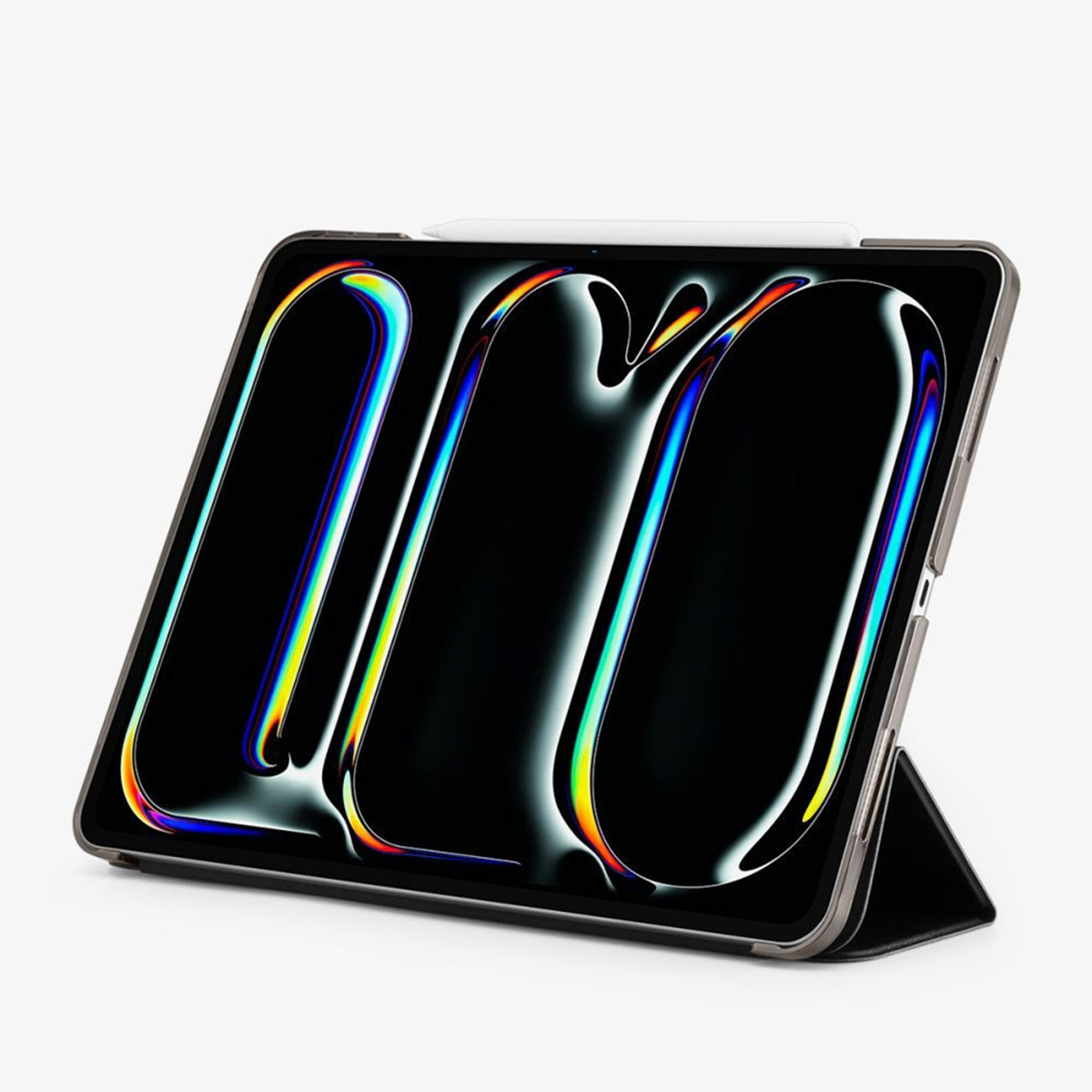 A tablet in a case with a stylus, with a colorful rainbow design.