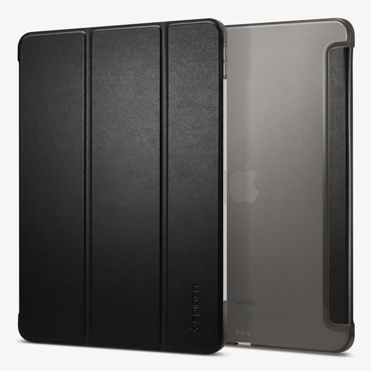 A black tablet case open, showing the tablet's back, with the Apple logo visible.
