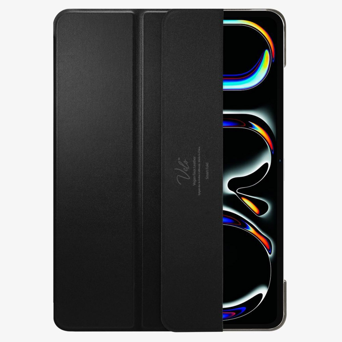 Black tablet case, closed. The case has a leather-like texture.