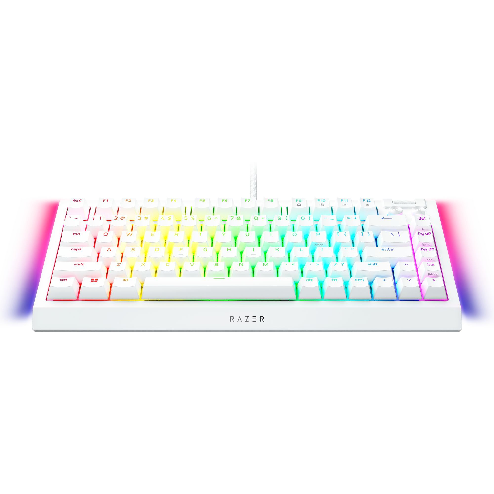 Een wit toetsenbord met regenboogkleurige toetsen, oplichtende randen.