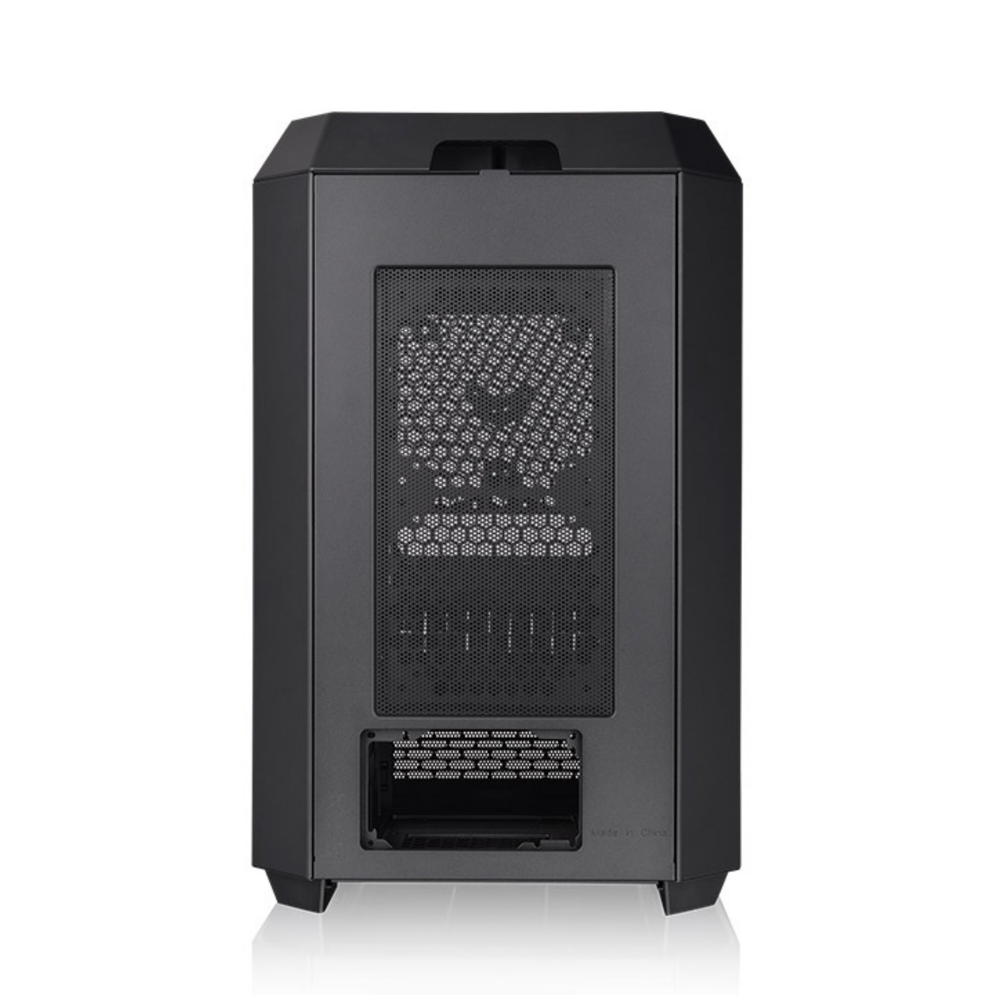 A black computer case with a mesh front panel.
