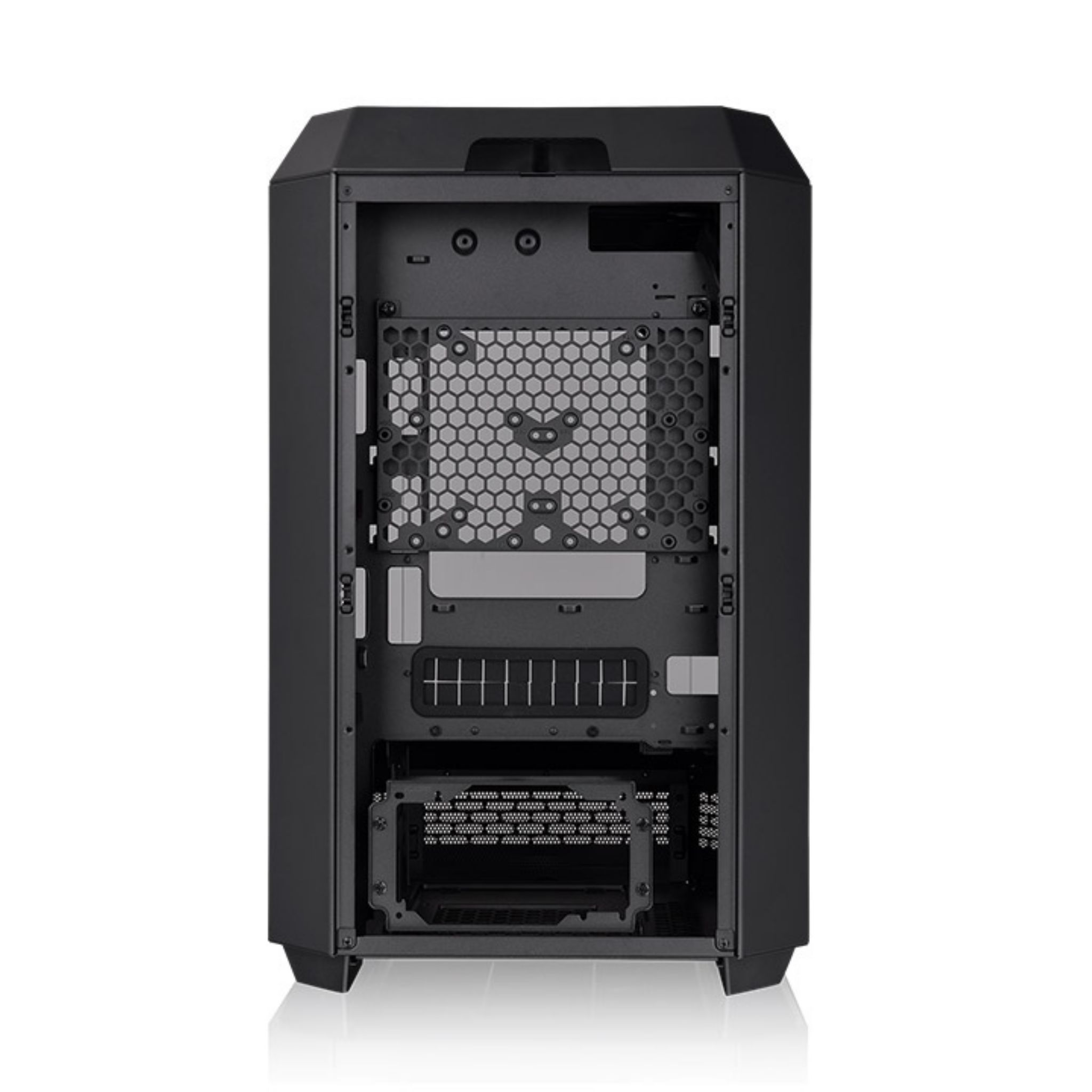 An empty black computer case, with visible internal components and a honeycomb pattern.