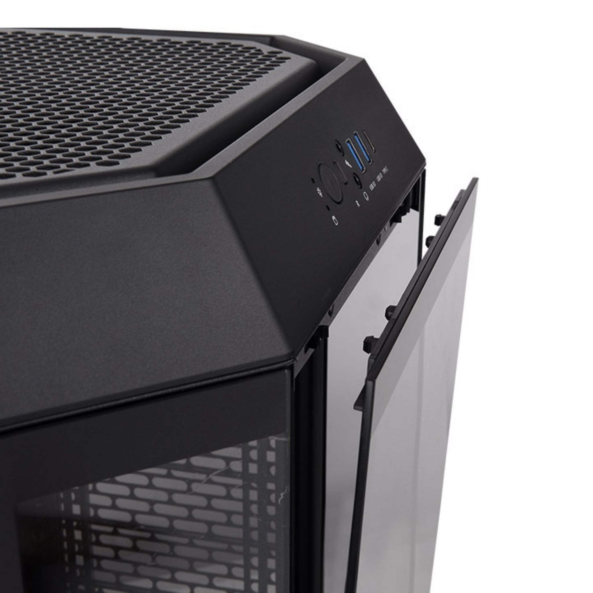 Black computer case with a glass side panel open, revealing interior.