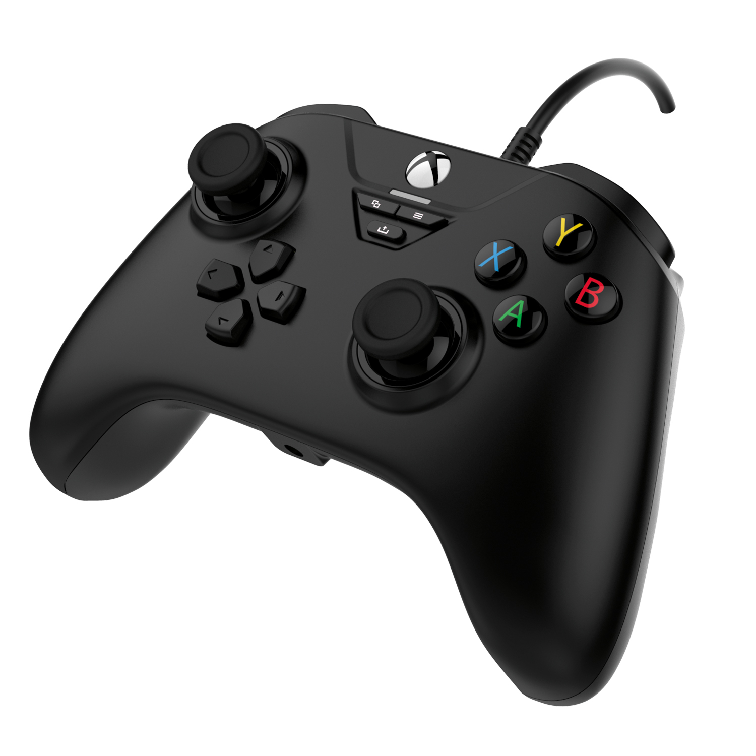 Schwarzer Gamecontroller. Tasten sind A, B, X, Y und Steuerkreuz. Mit schwarzem Kabel verbunden.