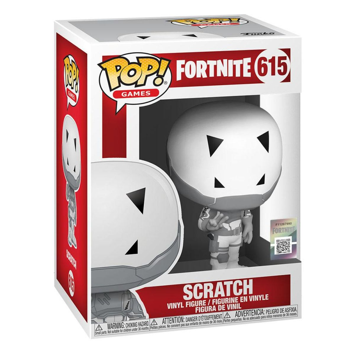 Figura di 'Scratch' di Fortnite in una scatola, statuetta bianca con casco bianco.