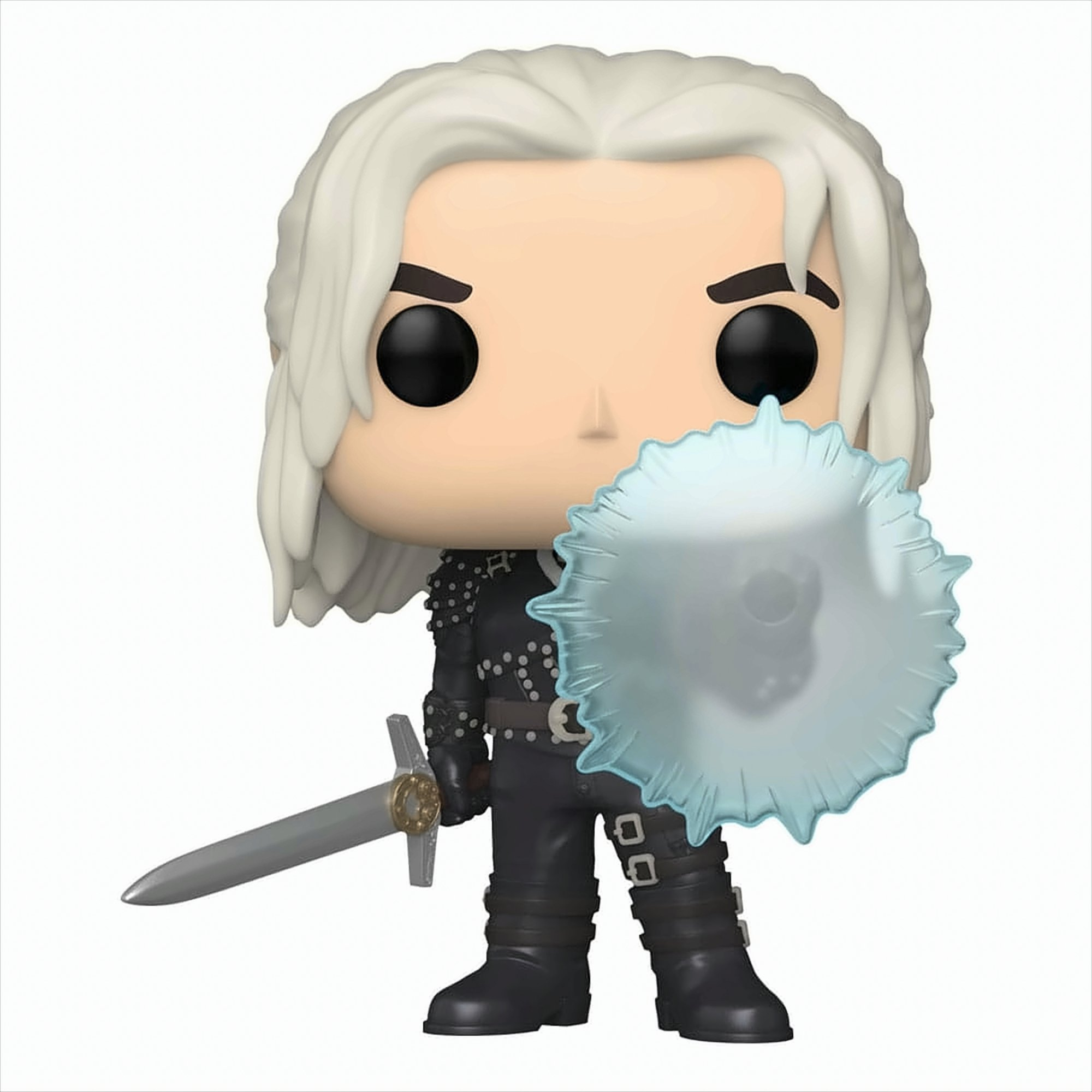 Funko Pop di un personaggio con capelli bianchi, che tiene una spada e uno scudo.