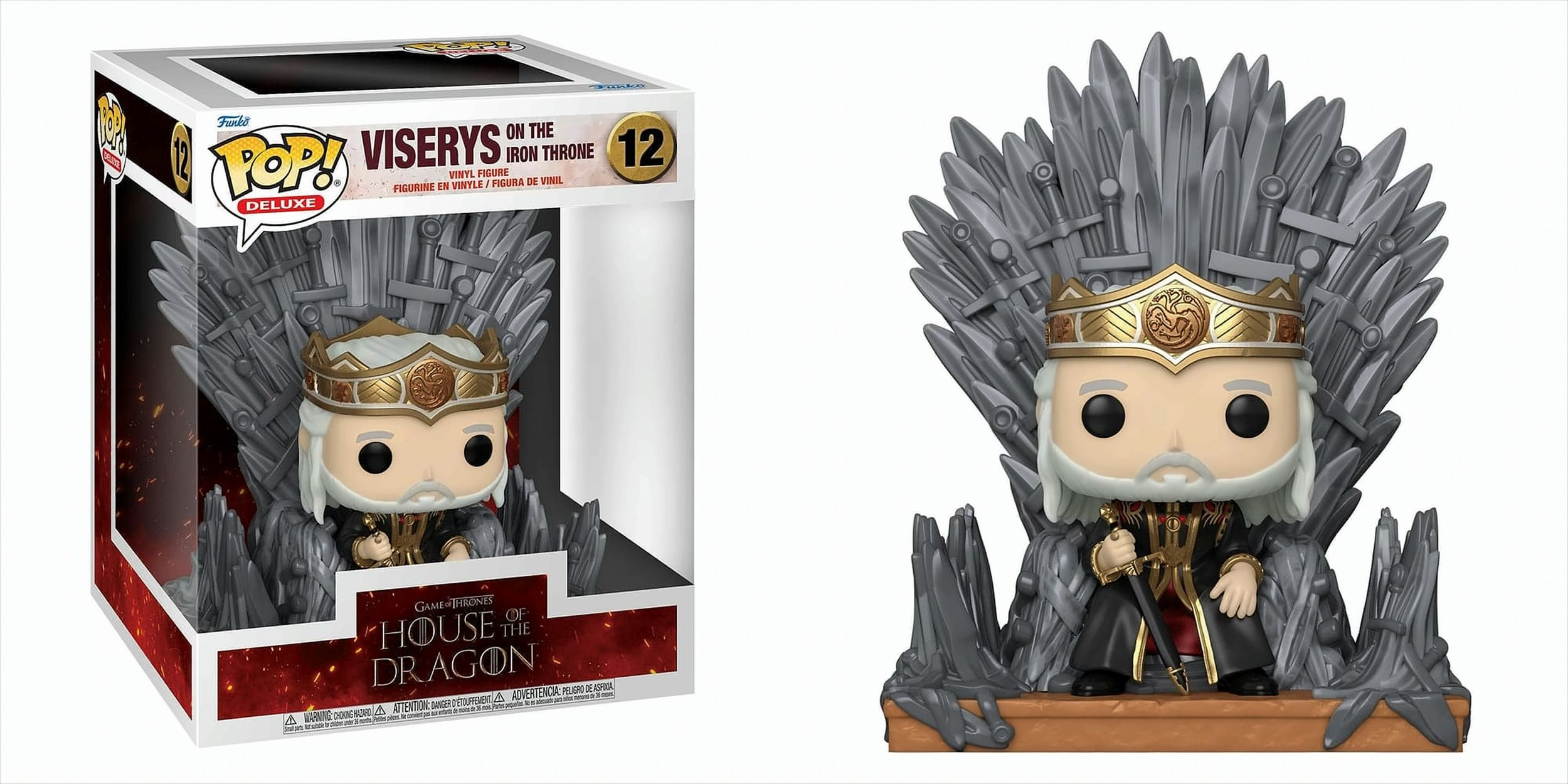 Una figura Funko Pop de Viserys Targaryen sentado en el Trono de Hierro, en una caja.