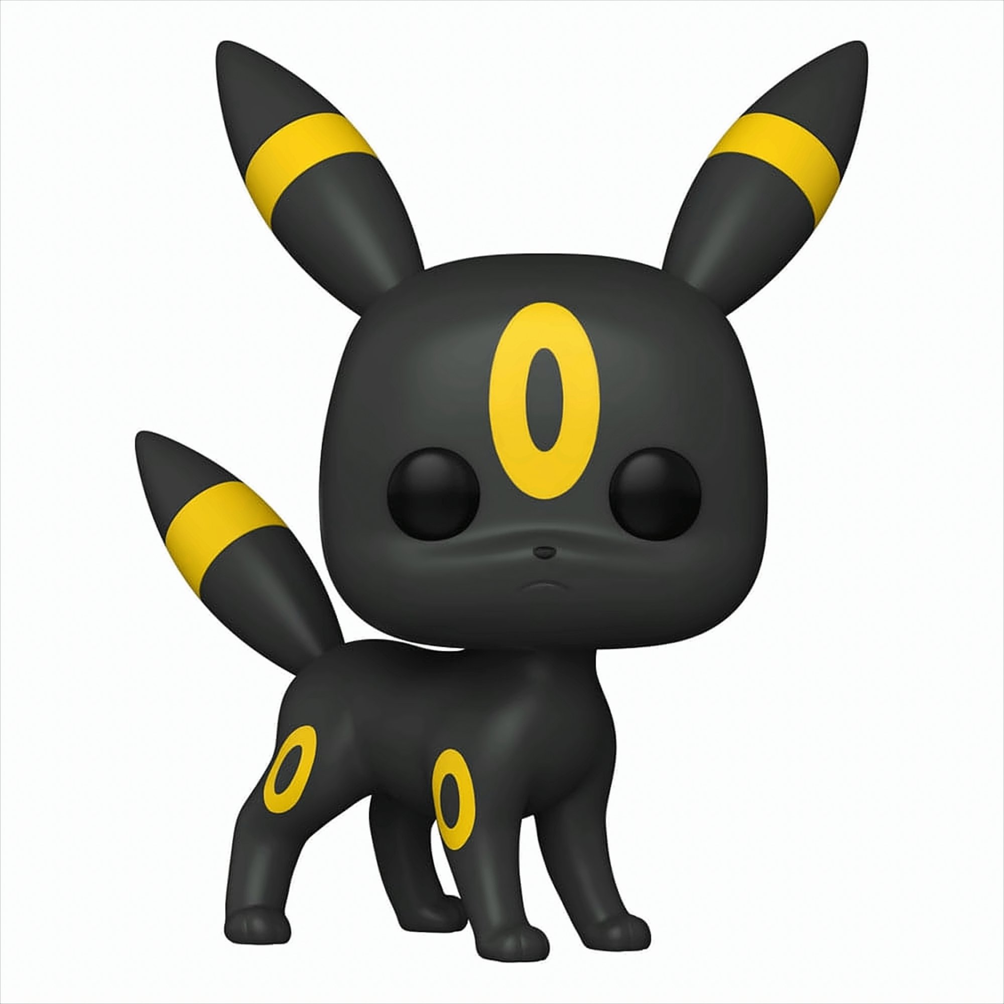 Figura de juguete Umbreon negro con detalles amarillos. Sobre una superficie blanca.