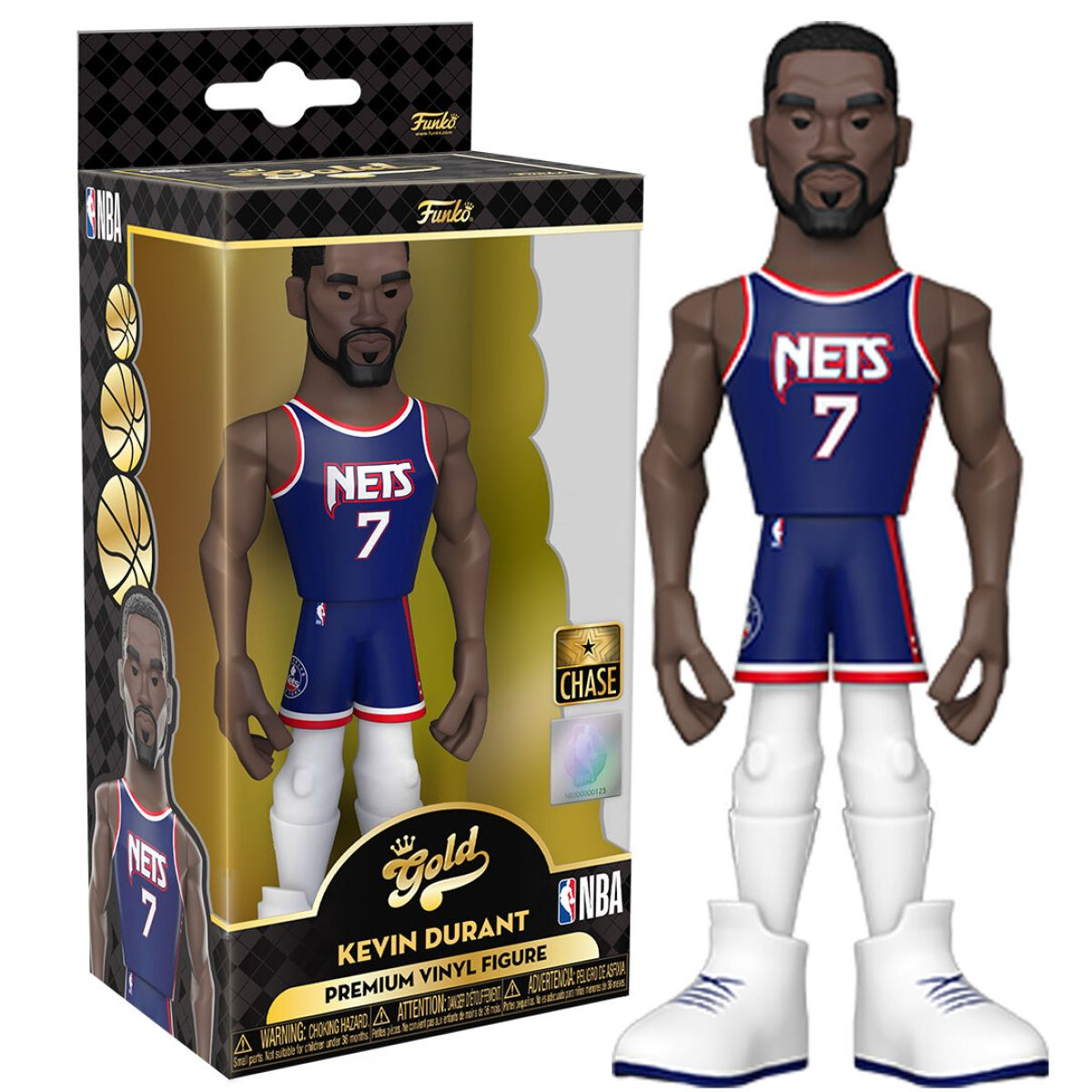 Kevin Durant Figur in einer Box und stehend, trägt ein Nets-Trikot, mit weißen Schuhen.