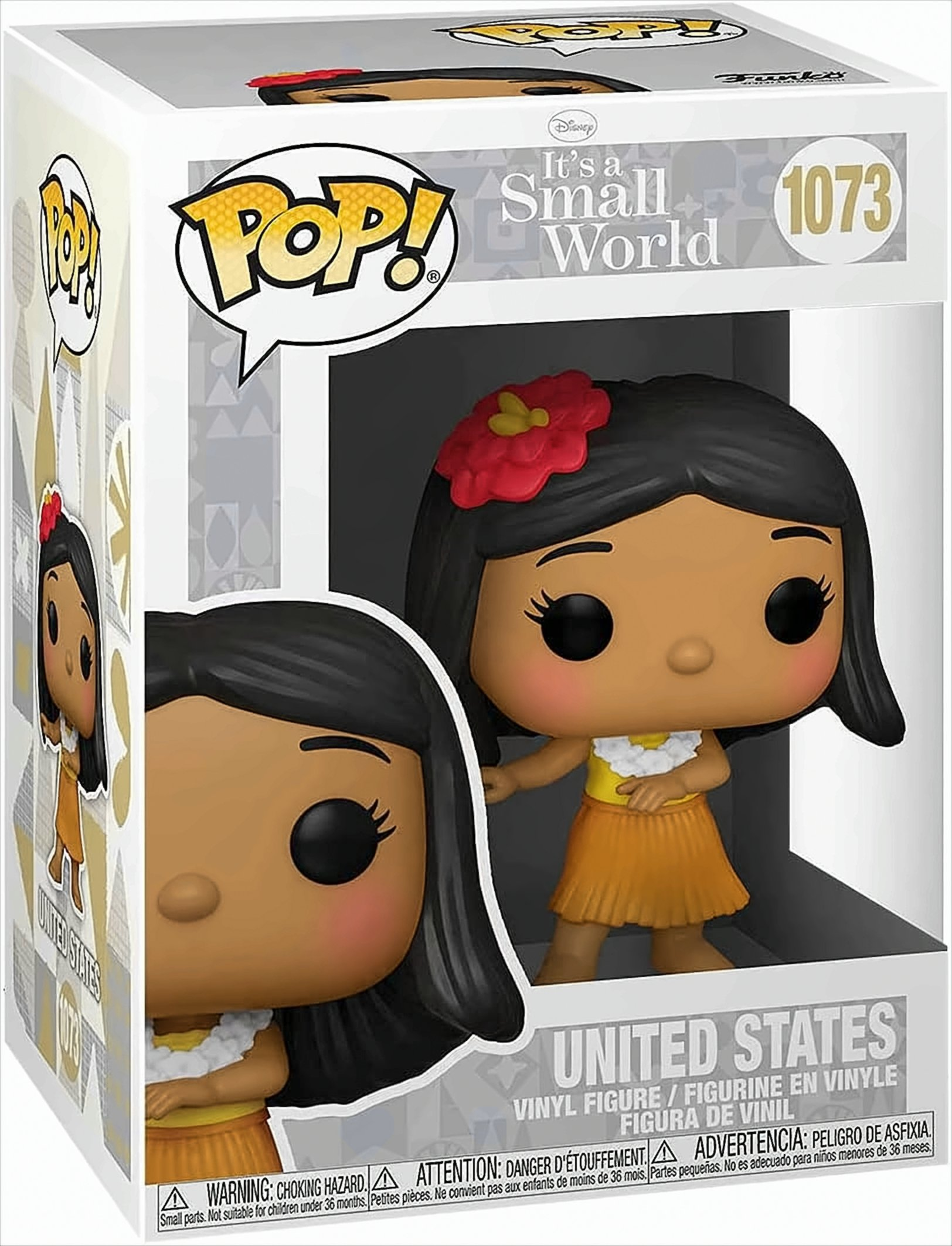 Funko Pop Figur einer Disney-Figur. Die Box zeigt ein Mädchen in gelbem Rock und roter Blume.
