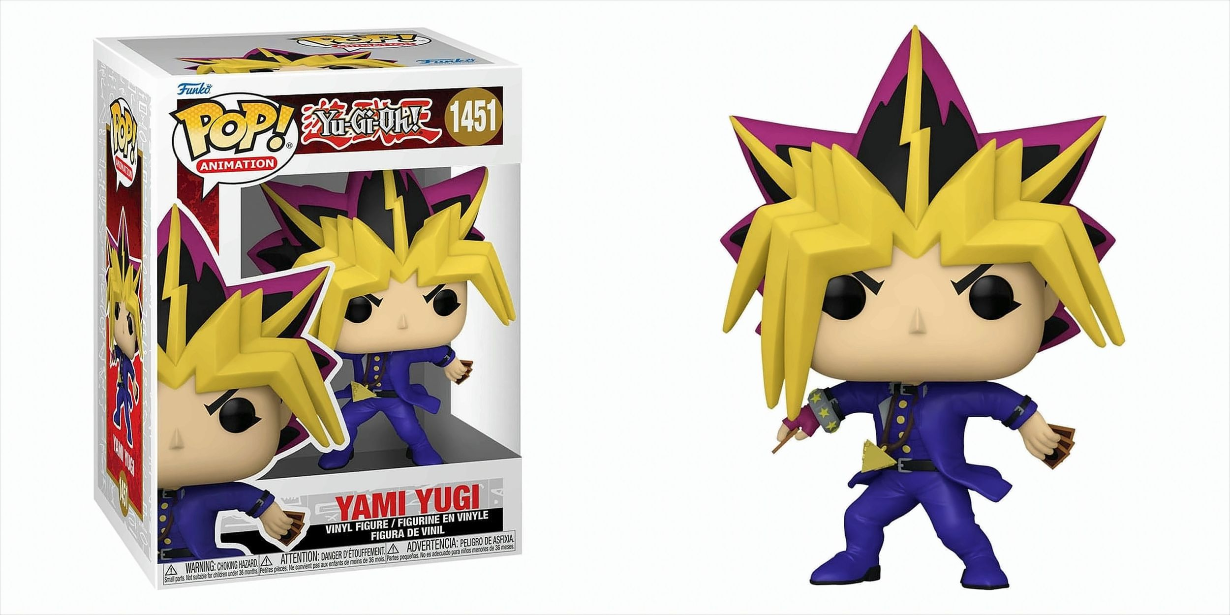 Figura Funko Pop de Yami Yugi. El personaje tiene cabello amarillo puntiagudo y usa un atuendo púrpura.