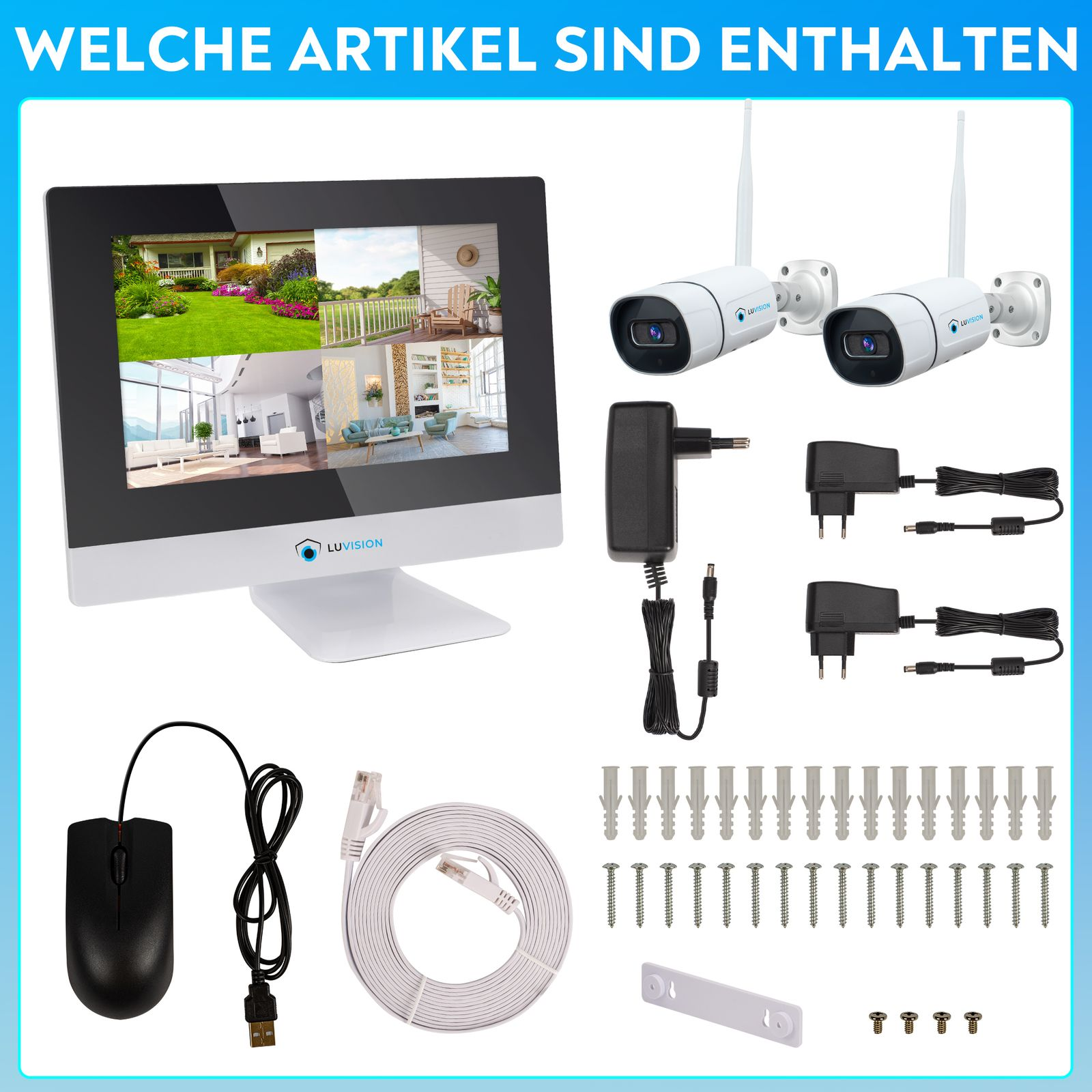 Ein Sicherheitssystem mit Monitor, zwei Kameras, Maus, Netzwerkkabel und anderem Zubehör.