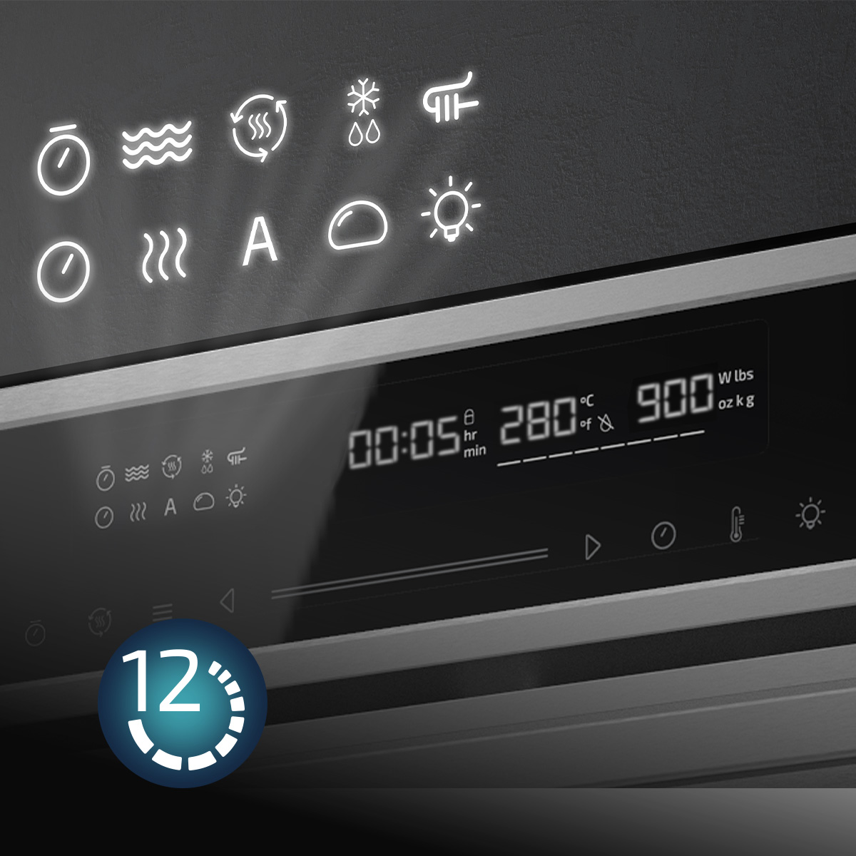 Una pantalla de horno que muestra iconos, números y un temporizador circular. La temperatura es de 280°F. El tiempo es 00:05.