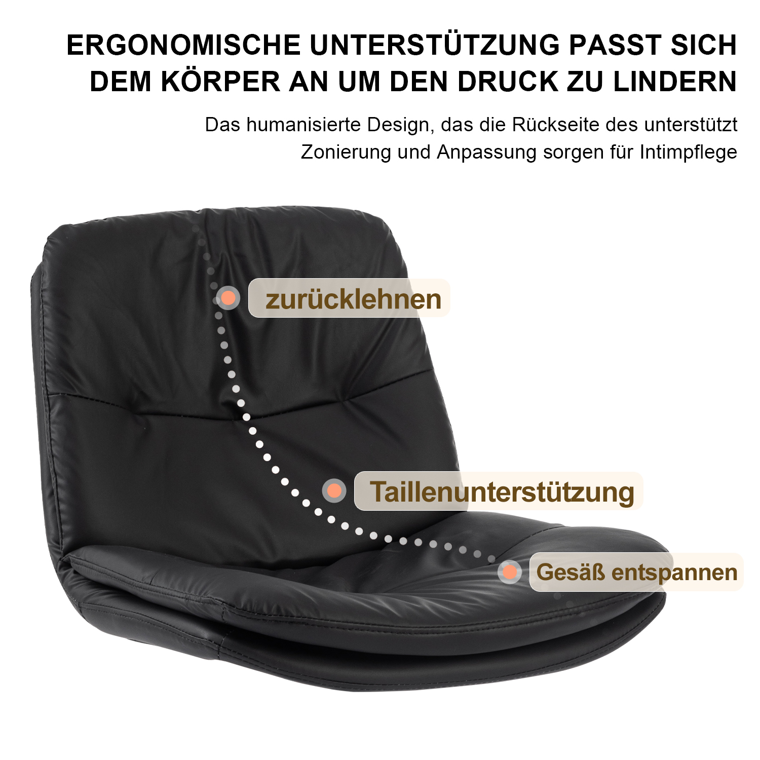 Schwarzer ergonomischer Bürostuhl mit beschrifteten Bereichen für Rücken-, Taillen- und Sitzstütze.