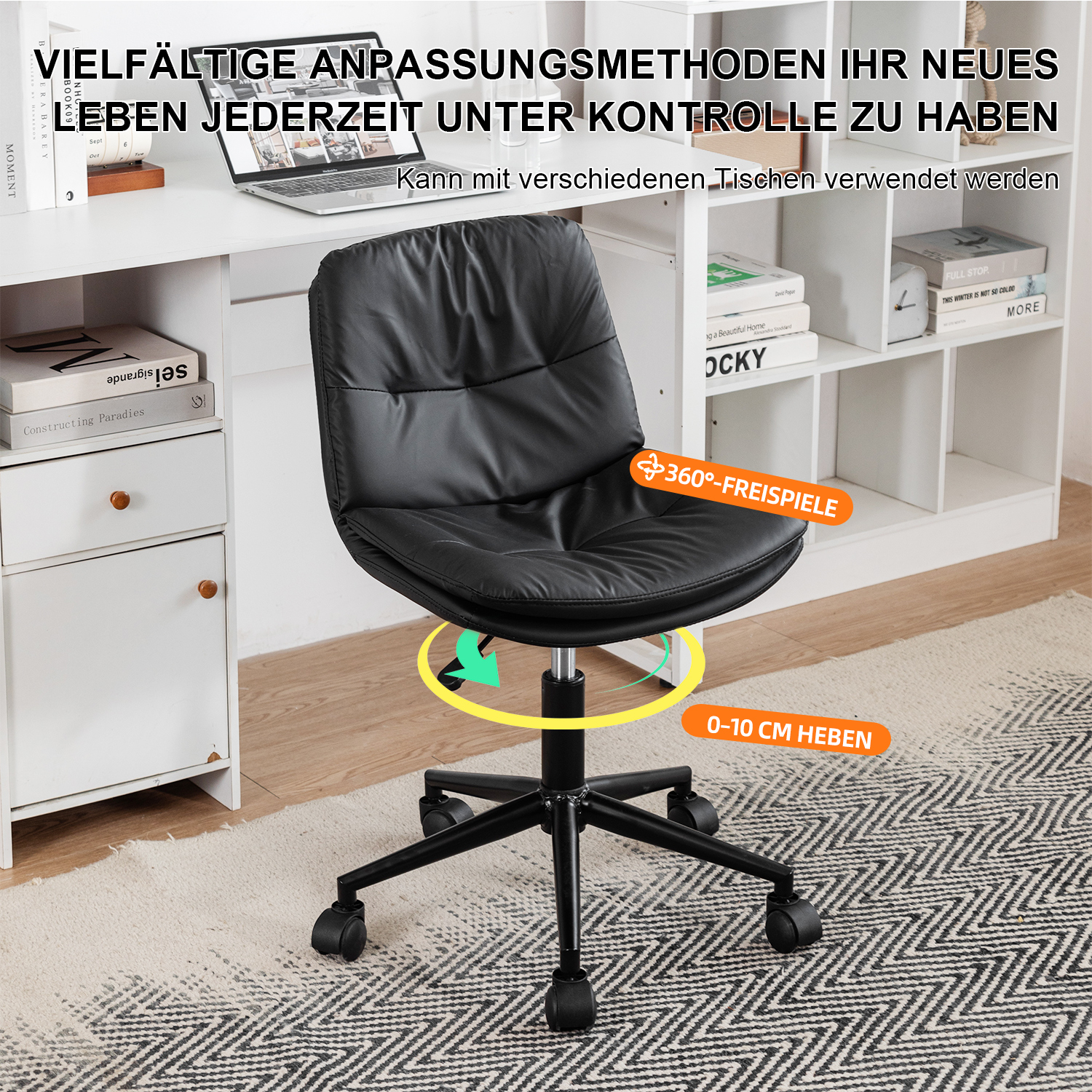 Schwarzer Bürostuhl mit Rollen und schwarzem Sitz. Text: '360° Freispiele' und '0-10 CM HEBEN'.