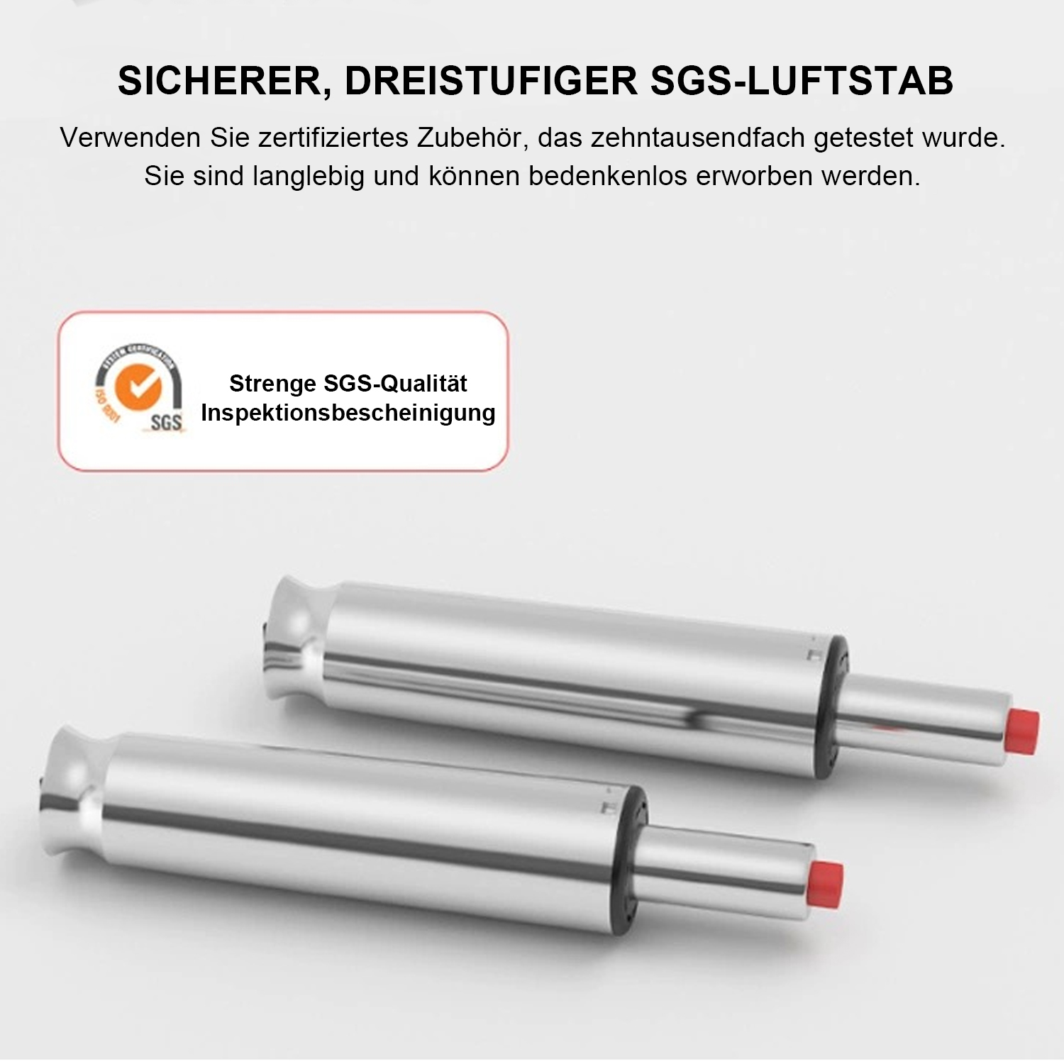 Zwei silberfarbene Stuhlgasfedern mit roten Spitzen, vor hellem Hintergrund.