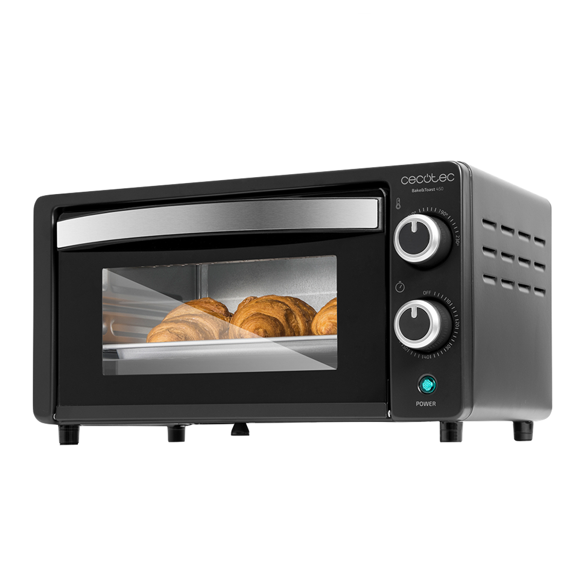 Horno negro de encimera con cruasanes dentro, diales e indicador de encendido.