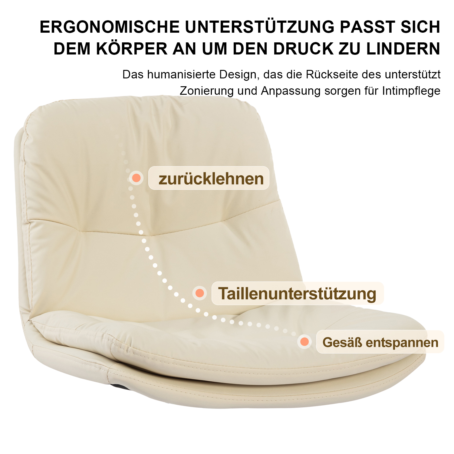 Beiges ergonomisches Stuhlkissen mit Textmarkierungen für Stützbereiche: Rücken, Taille, Gesäß.